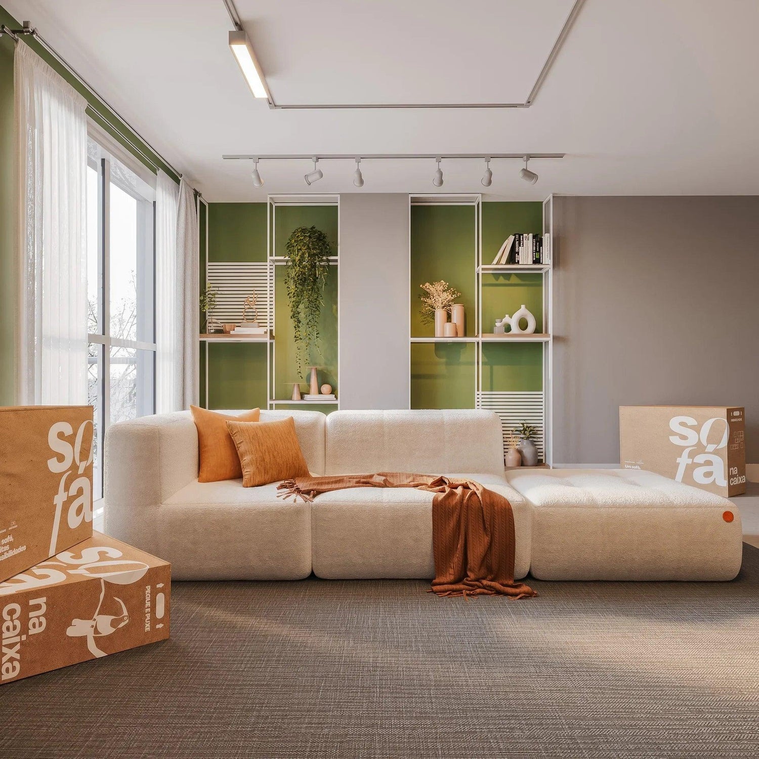 Sofá modular 3 lugares com canto e puff em sala contemporânea