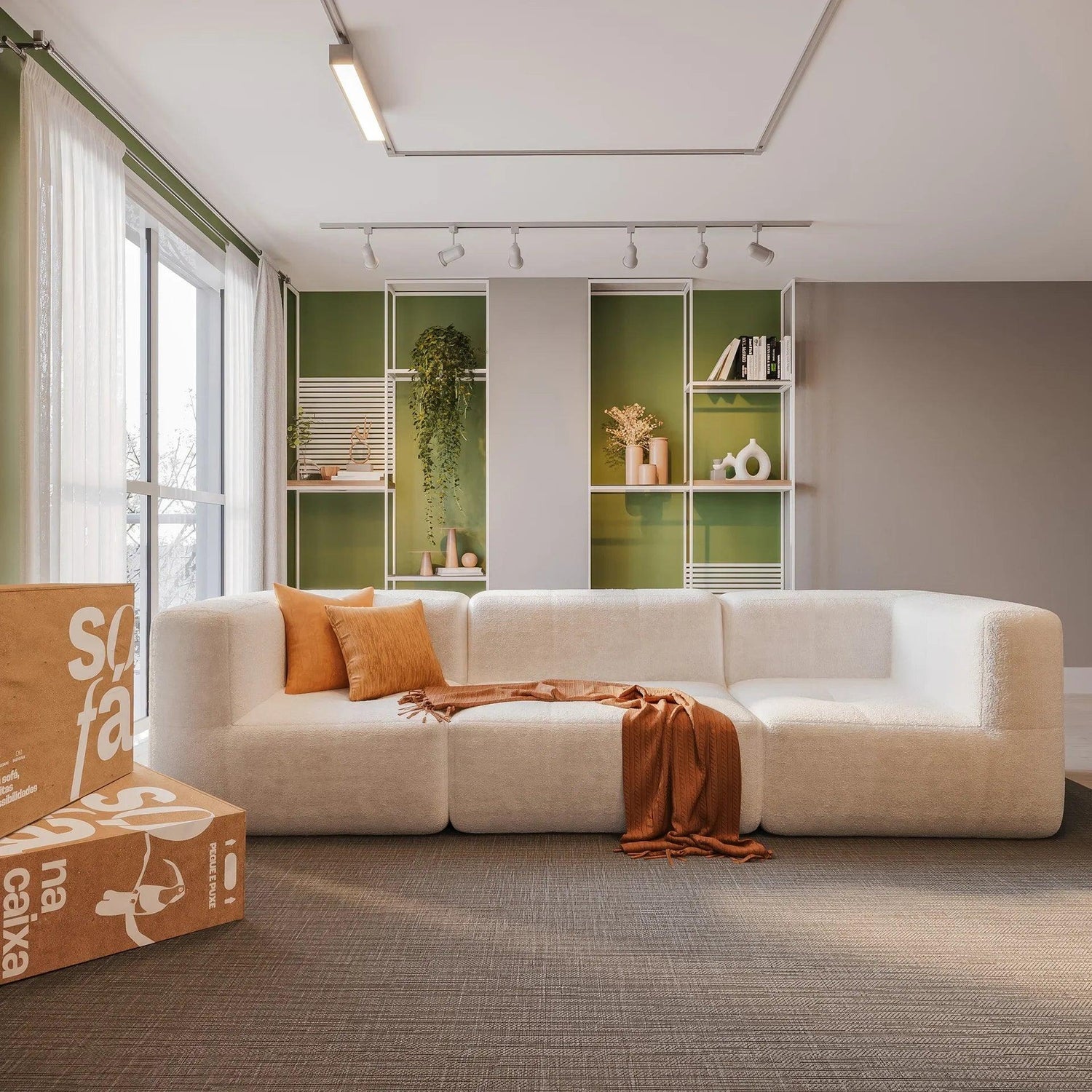 Sofá modular 3 lugares com 2 cantos em sala neutra