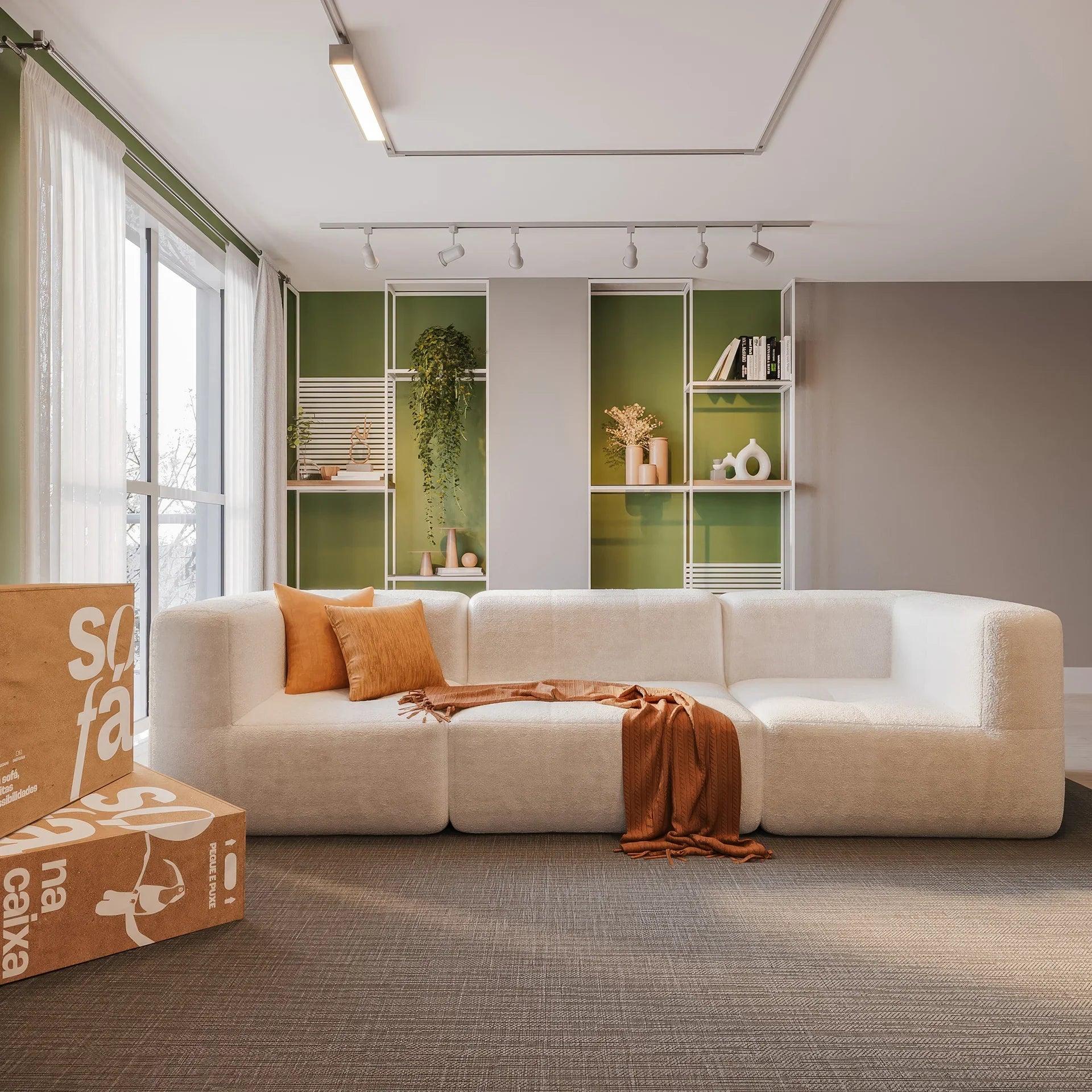 Sofá modular 3 lugares com 2 cantos em sala neutra