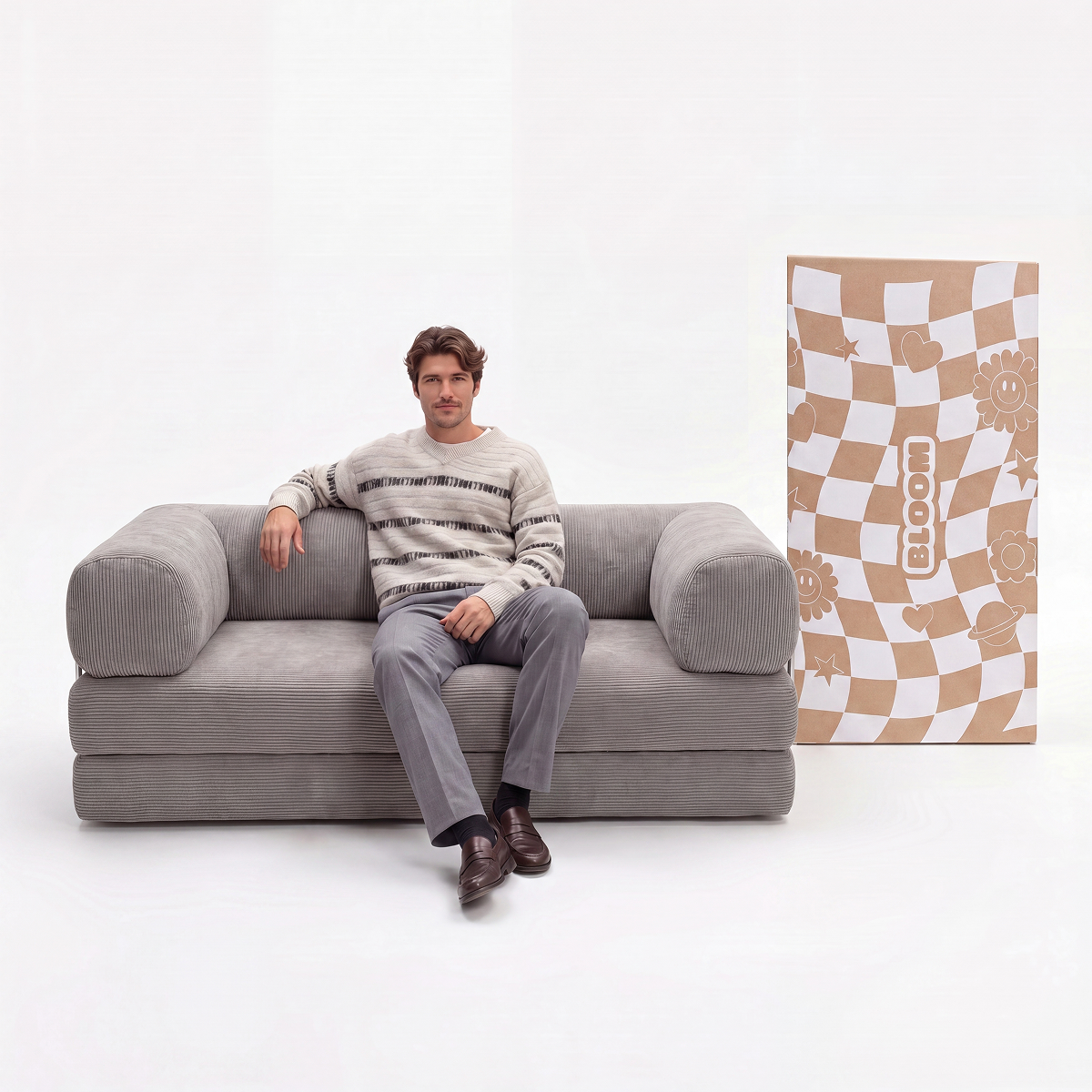 Sofá Cama Bloom Tecido Cotelê Cinza - Sofá na Caixa