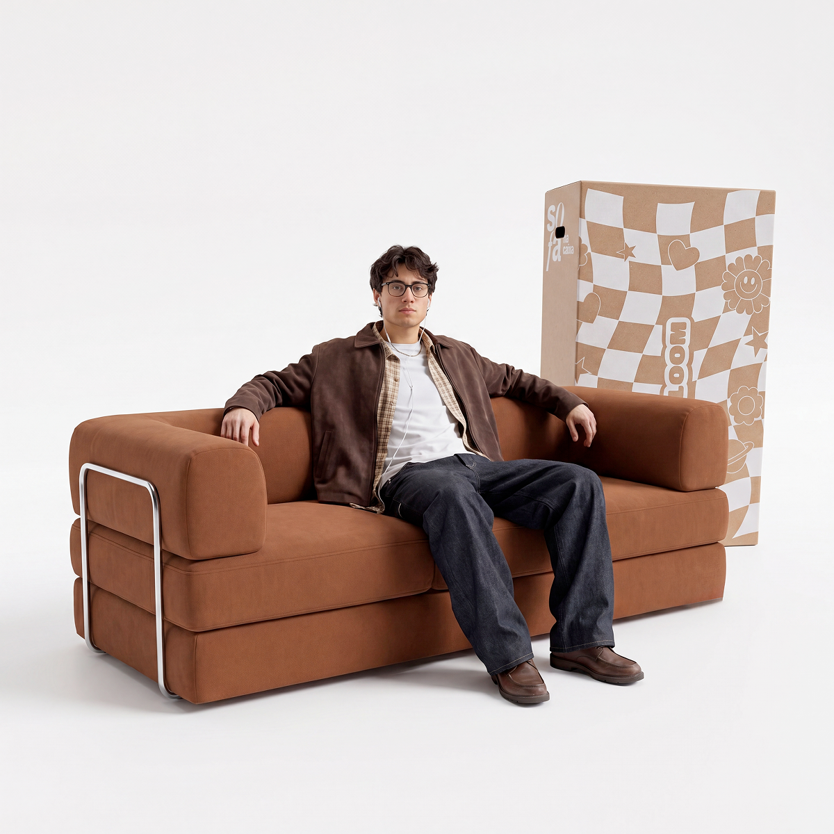 Sofá Cama Bloom Tecido Boucle Marrom - Sofá na Caixa