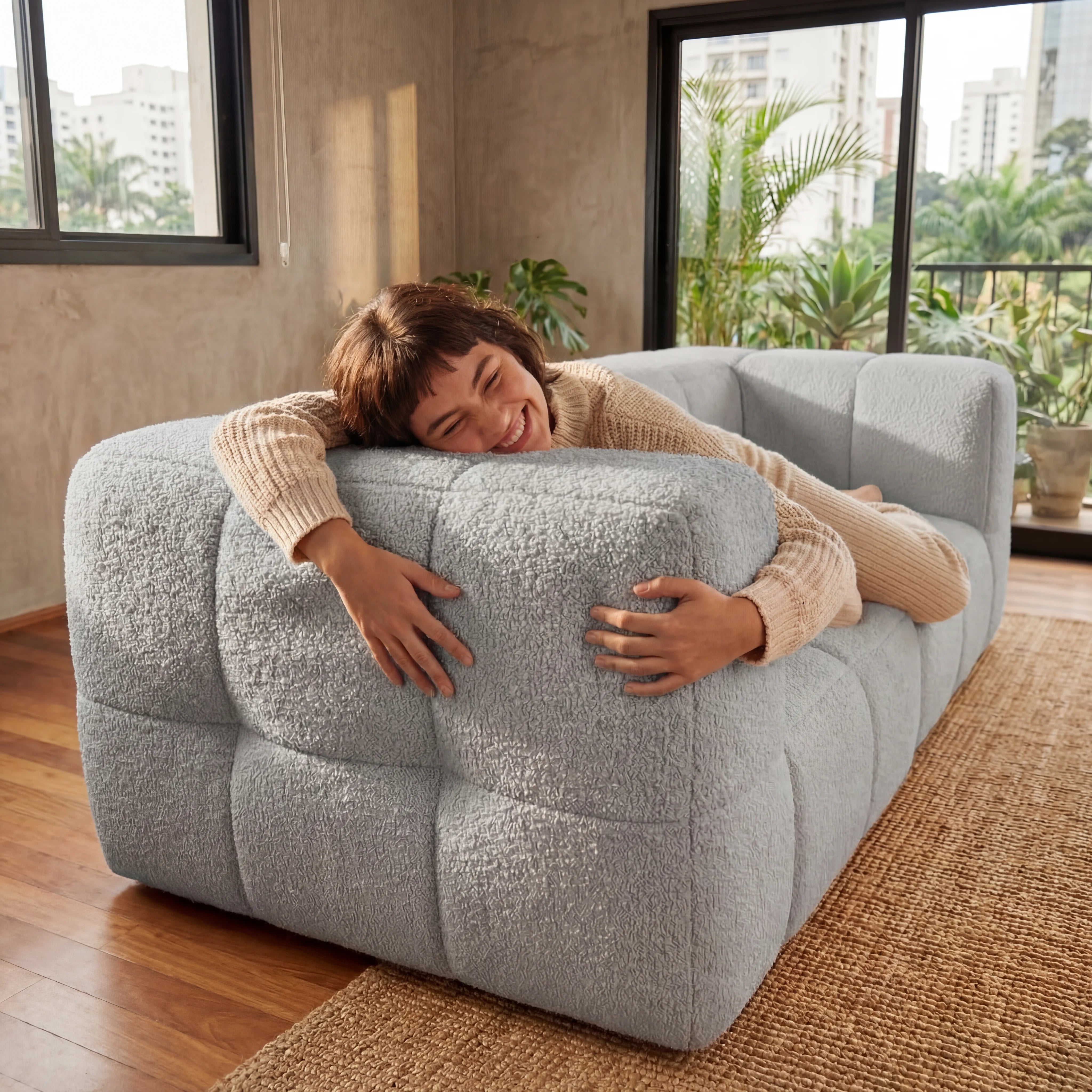 Sofá na Caixa modular 2 lugares em Boucle - Cinza