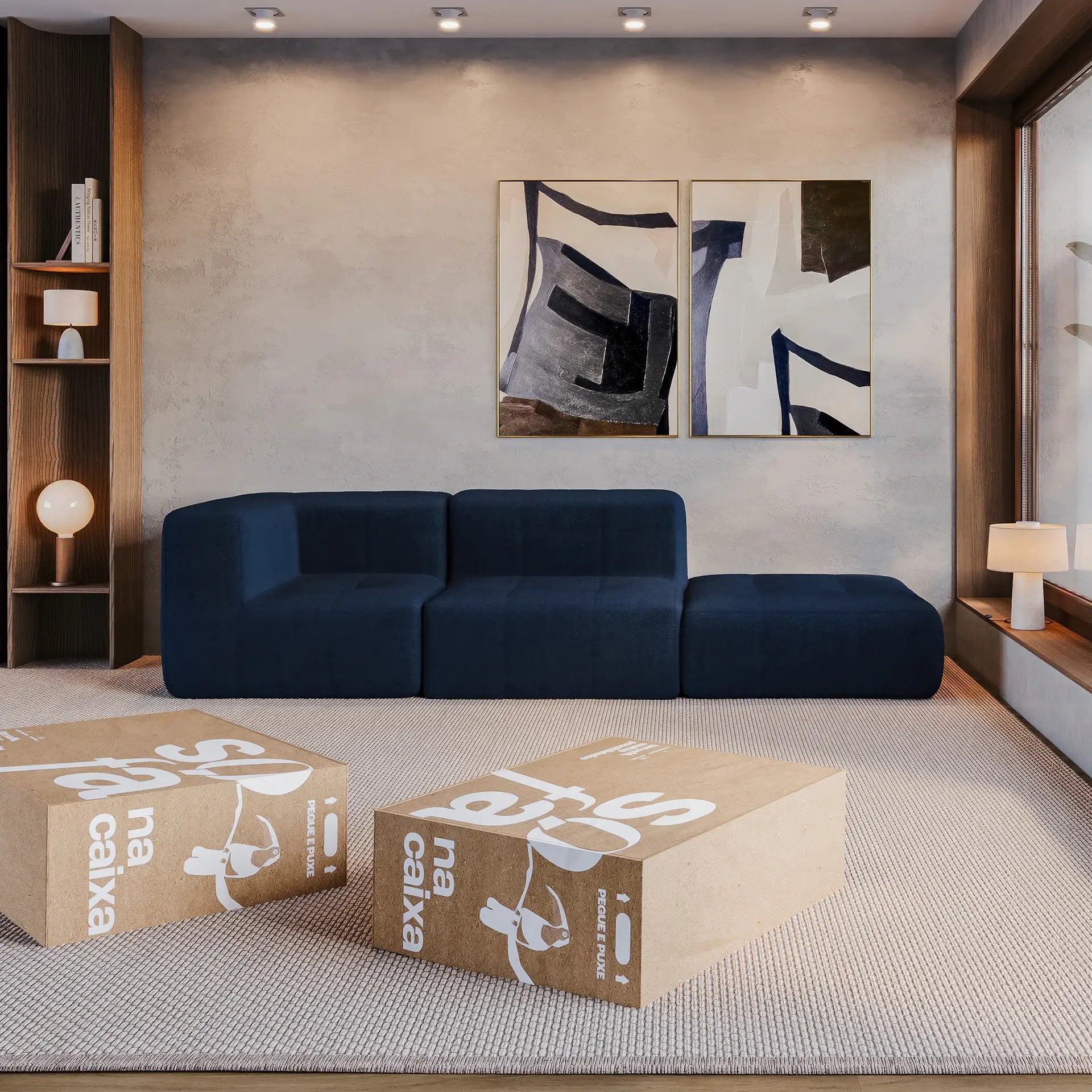 Sofá na Caixa modular 2 lugares em Boucle - 1 Braço com Apoio de pé Grátis - Azul