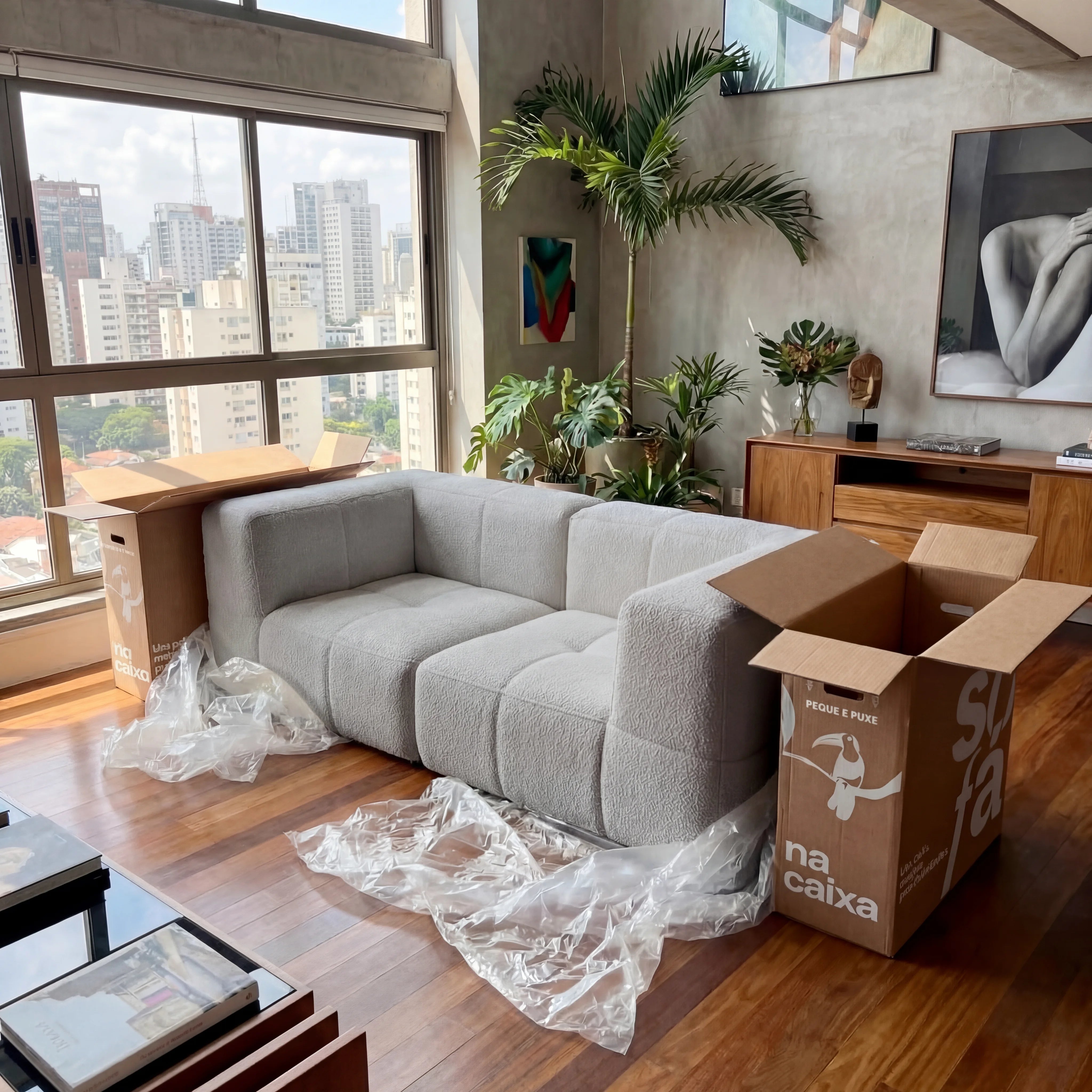 Sofá na Caixa modular 2 lugares em Boucle - Cinza