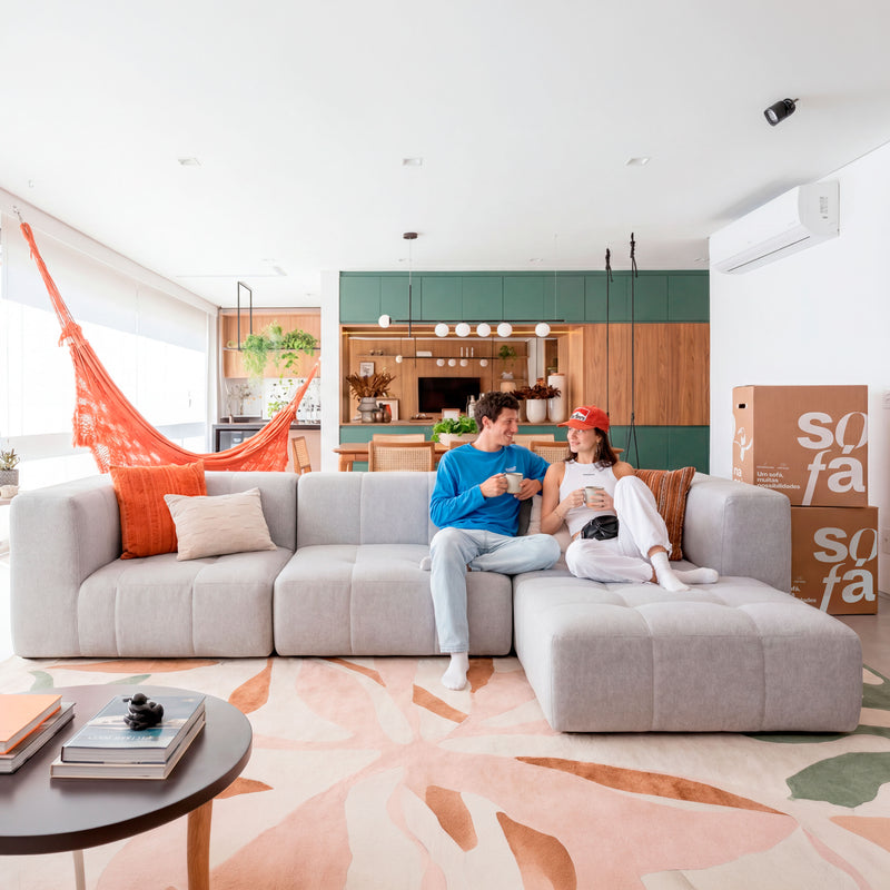 Sofá na Caixa modular 3 lugares em Boucle com Apoio de pé - Cinza