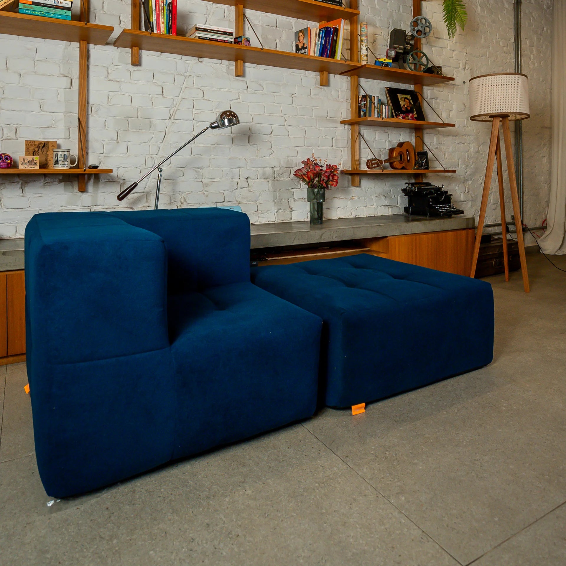 Sofá na Caixa modular 1 lugar Canto com chaise em Boucle - Azul