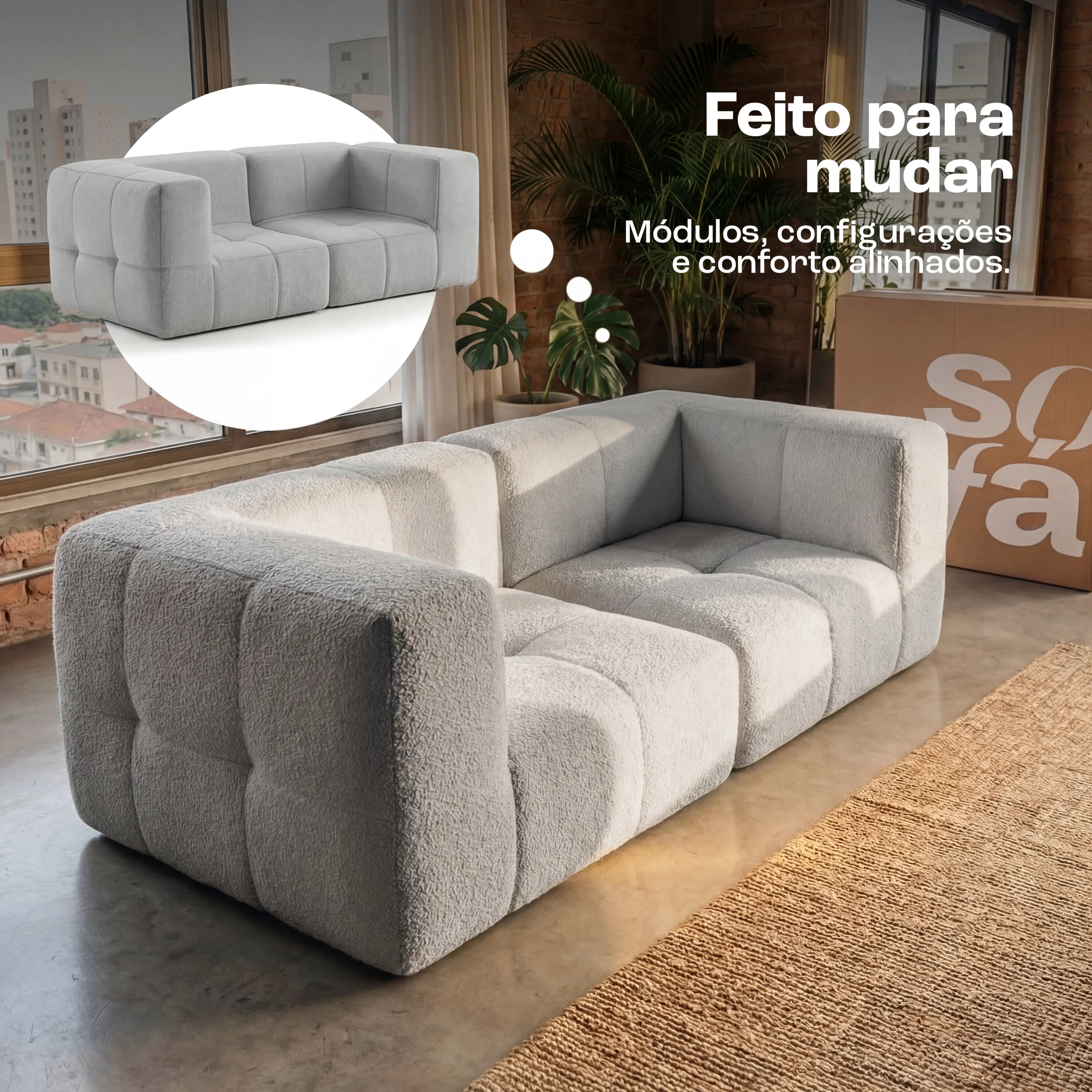 Sofá na Caixa modular 2 lugares em Boucle - Cinza