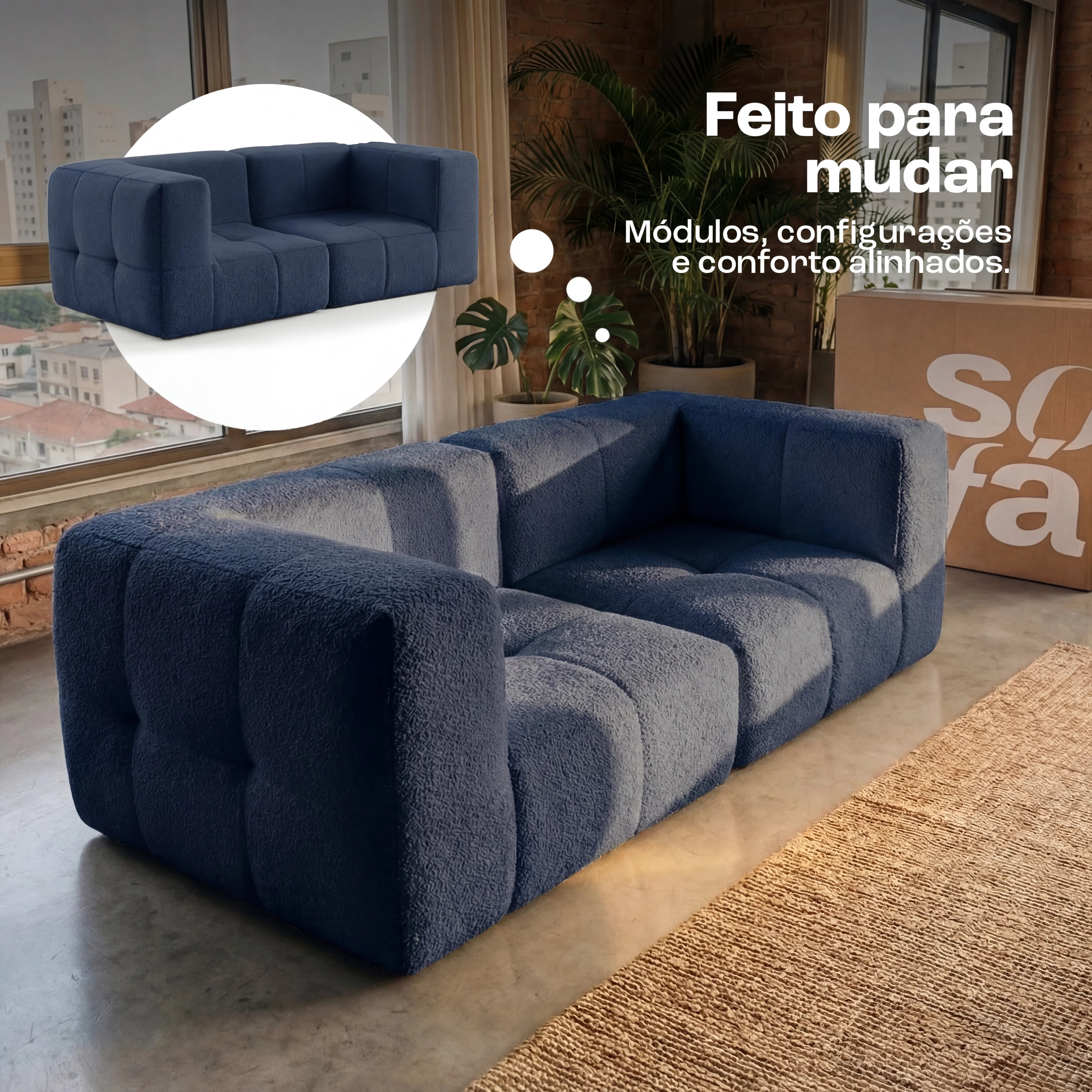 Sofá na Caixa modular 2 lugares em Boucle - Azul