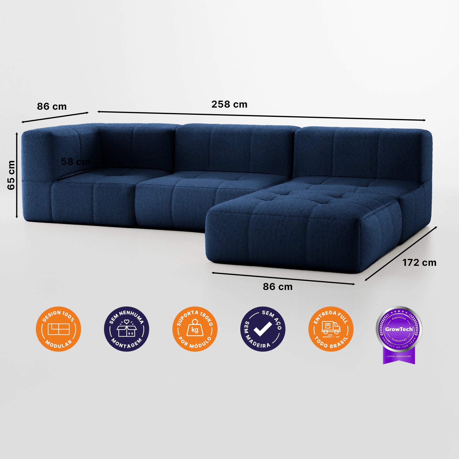Sofá na Caixa modular 3 lugares em Boucle - 1 Braço com Chaise - Azul