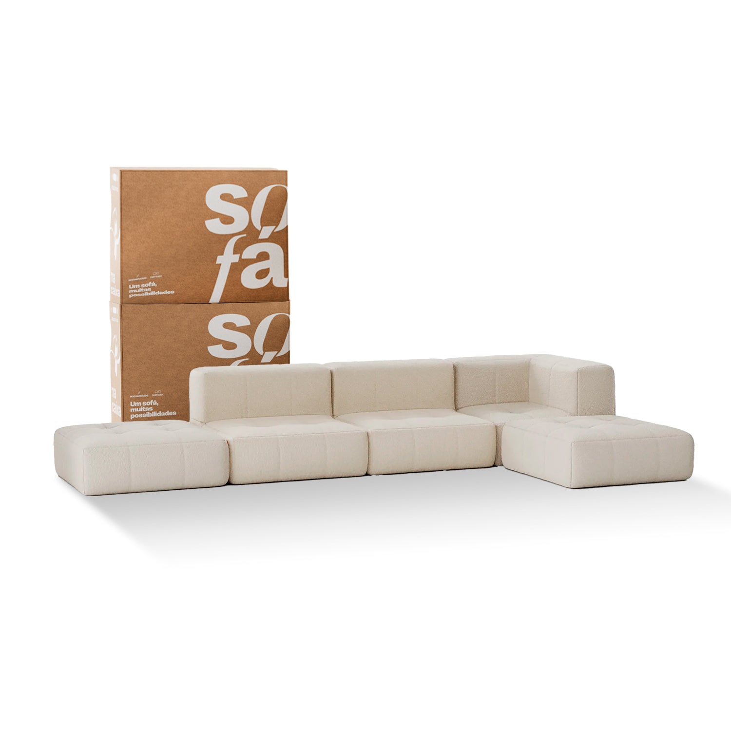 Sofá na Caixa modular 3 lugares em Boucle - 1 Braço com 2 Chaises - Linho