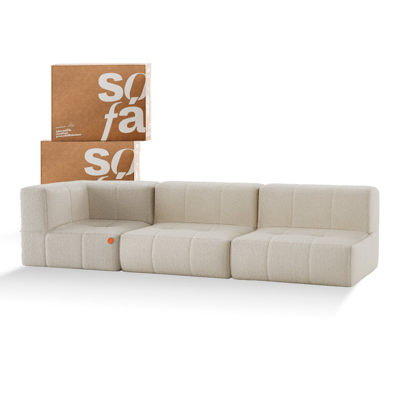 Sofá na Caixa modular 3 lugares em Boucle - 1 Braço - Linho