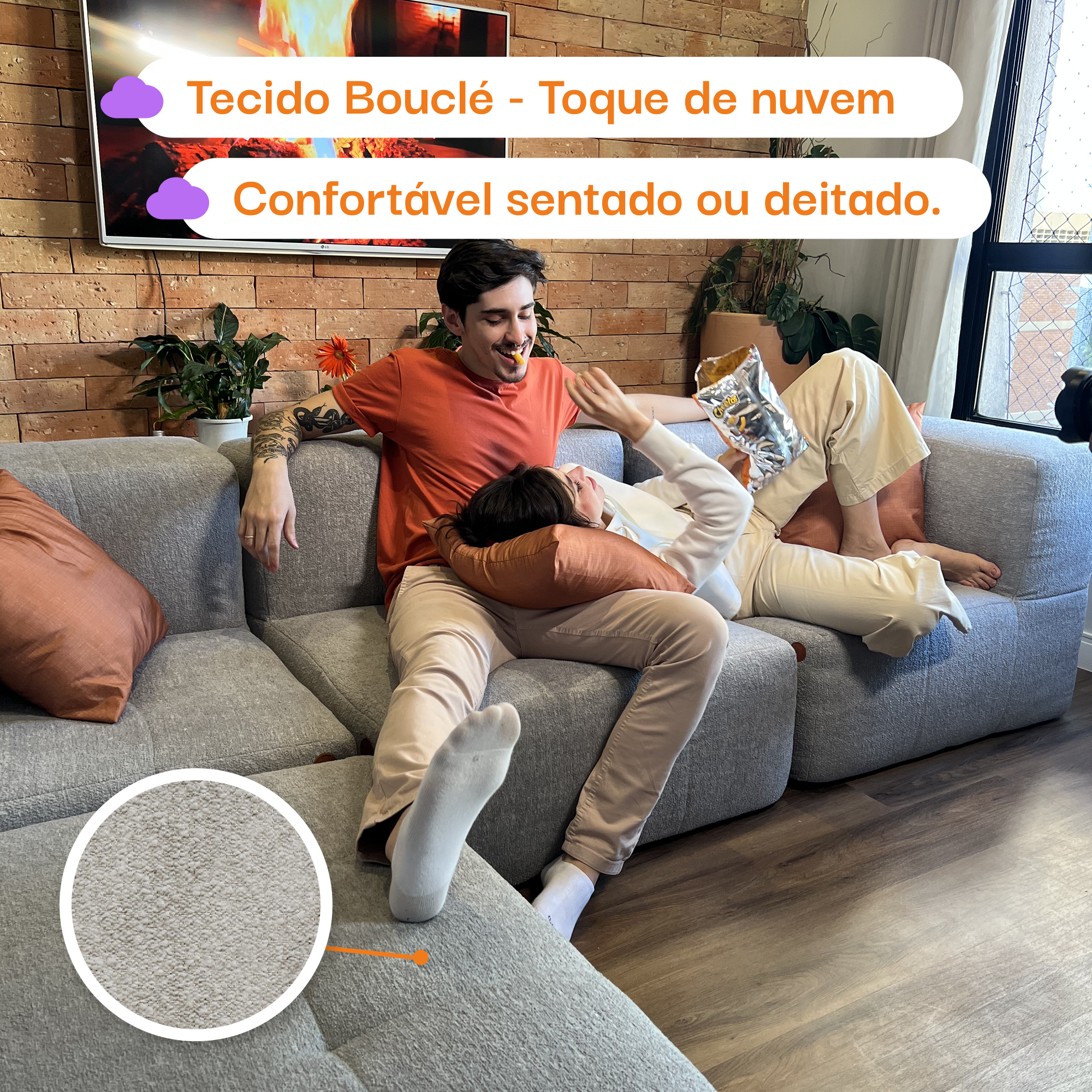 Sofá na Caixa modular 2 lugares em Boucle - 2 Cantos com Apoio de pé Grátis - Cinza