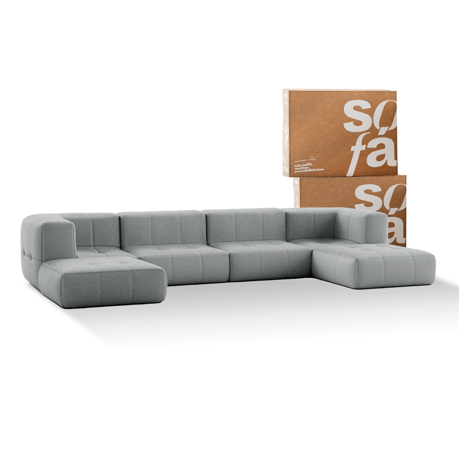 Sofá na Caixa modular 4 lugares em Boucle com 2 Chaise - Cinza