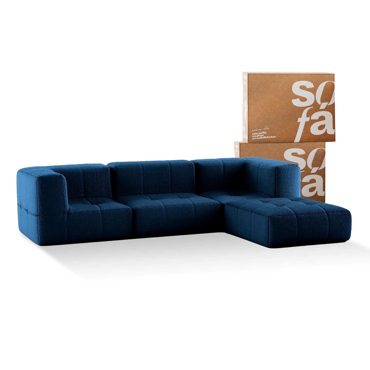 Sofá na Caixa modular 3 lugares em Boucle com Apoio de pé - Azul