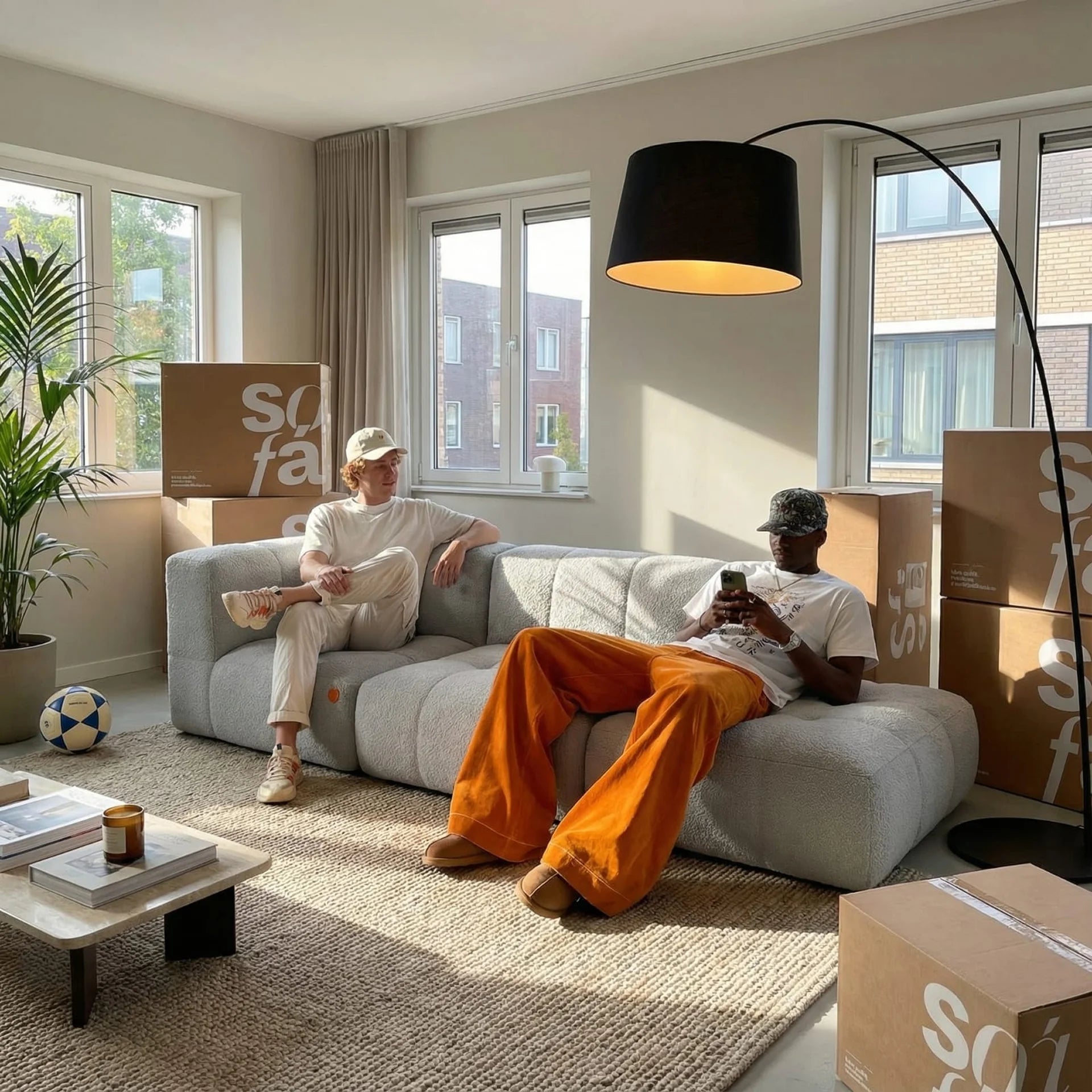 Sofá na Caixa modular 2 lugares em Boucle - 1 Braço com Apoio de pé - Cinza