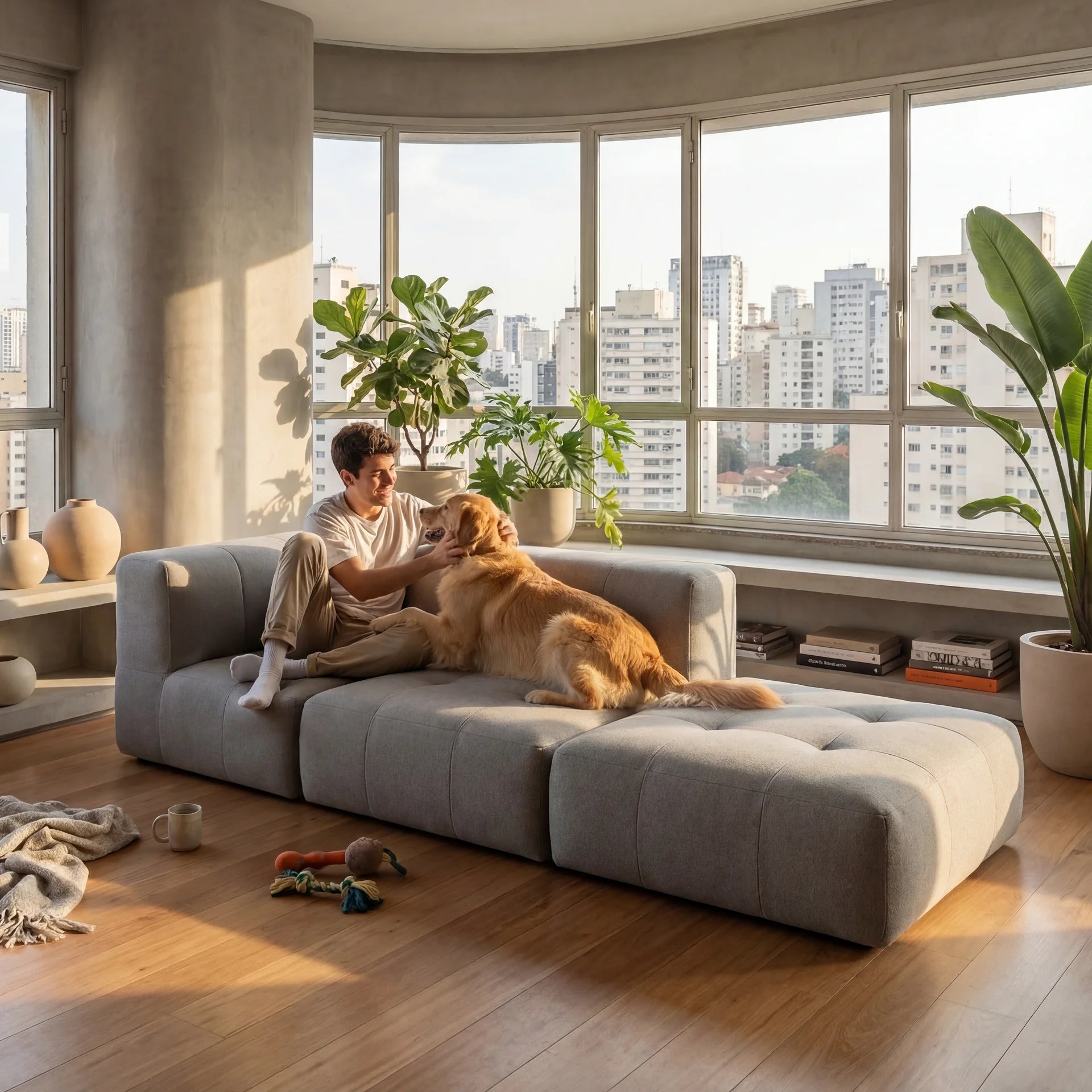 Sofá na Caixa modular 2 lugares em Boucle - 1 Braço com Apoio de pé - Cinza