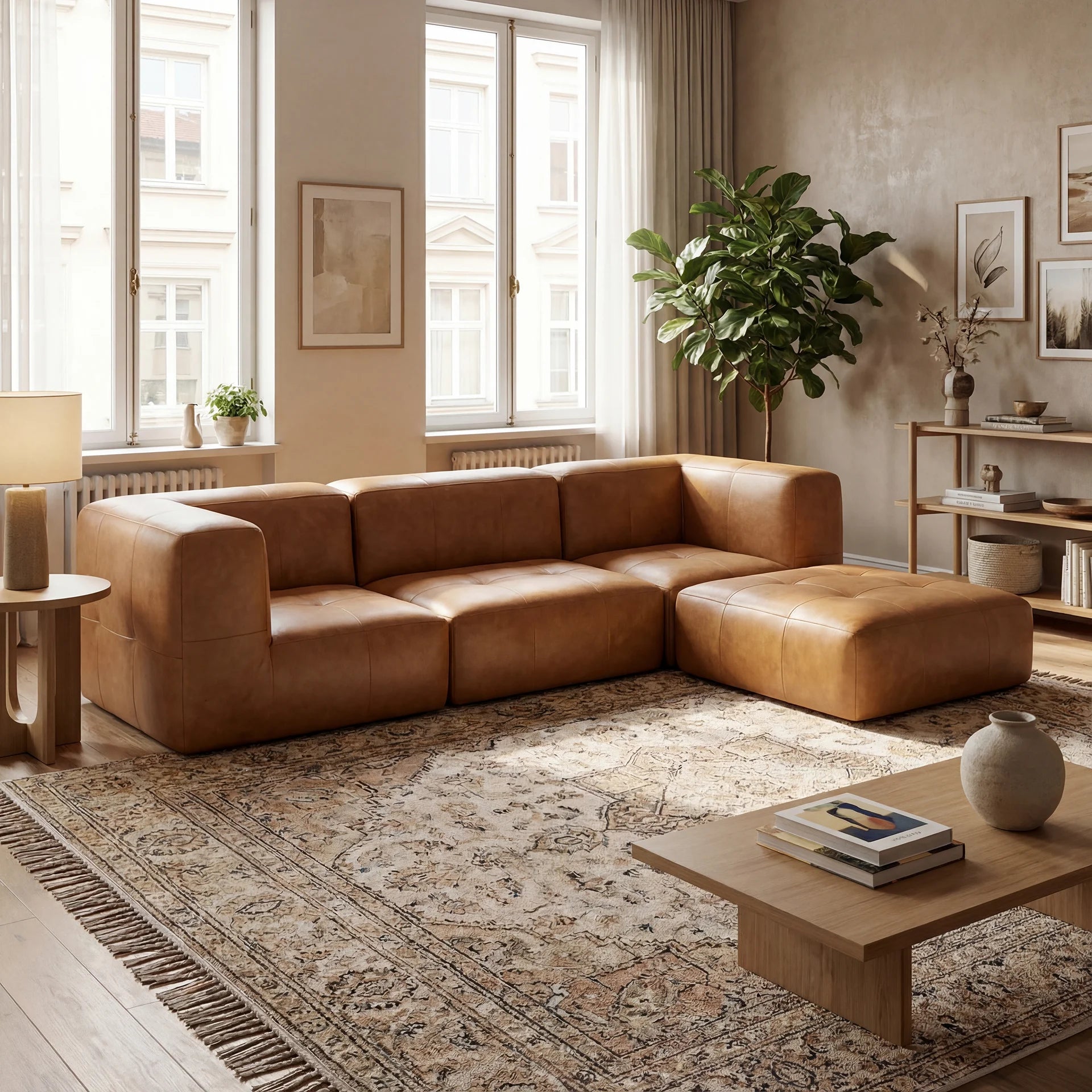 Sofá na Caixa modular 3 lugares Poli-Couro Marrom com Apoio de pé