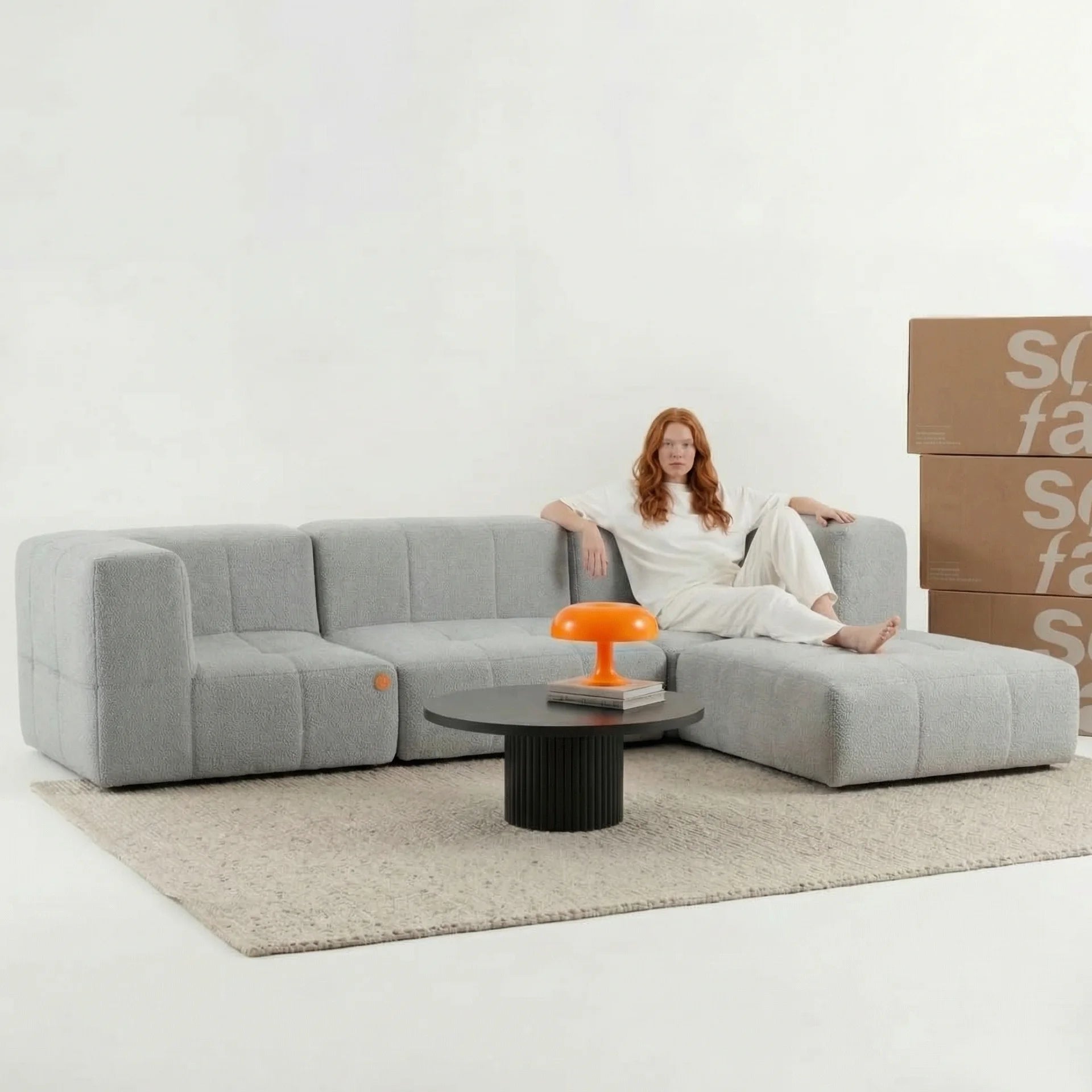 Sofá na Caixa modular 3 lugares em Boucle com Apoio de pé - Cinza