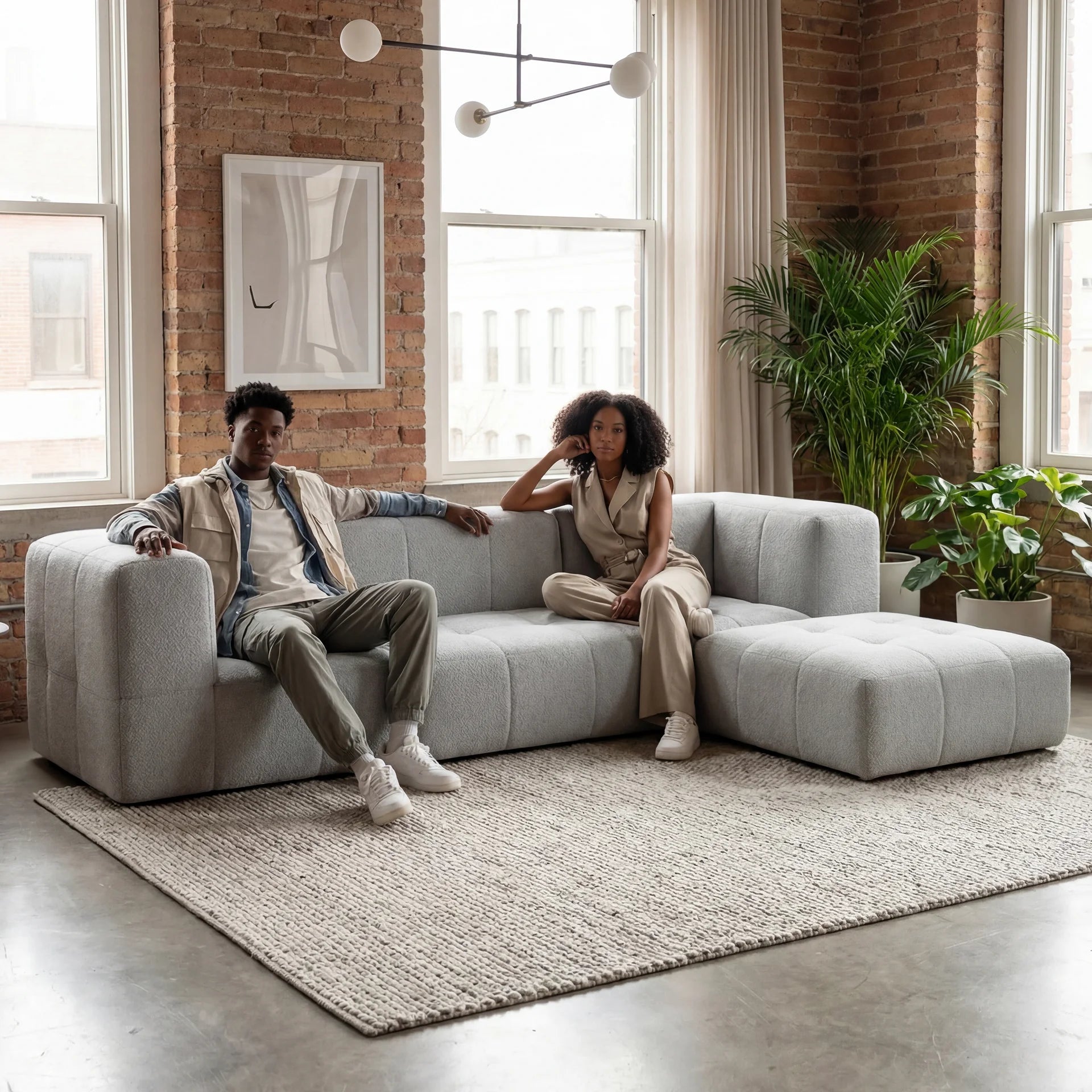 Sofá na Caixa modular 3 lugares em Boucle com Apoio de pé - Cinza