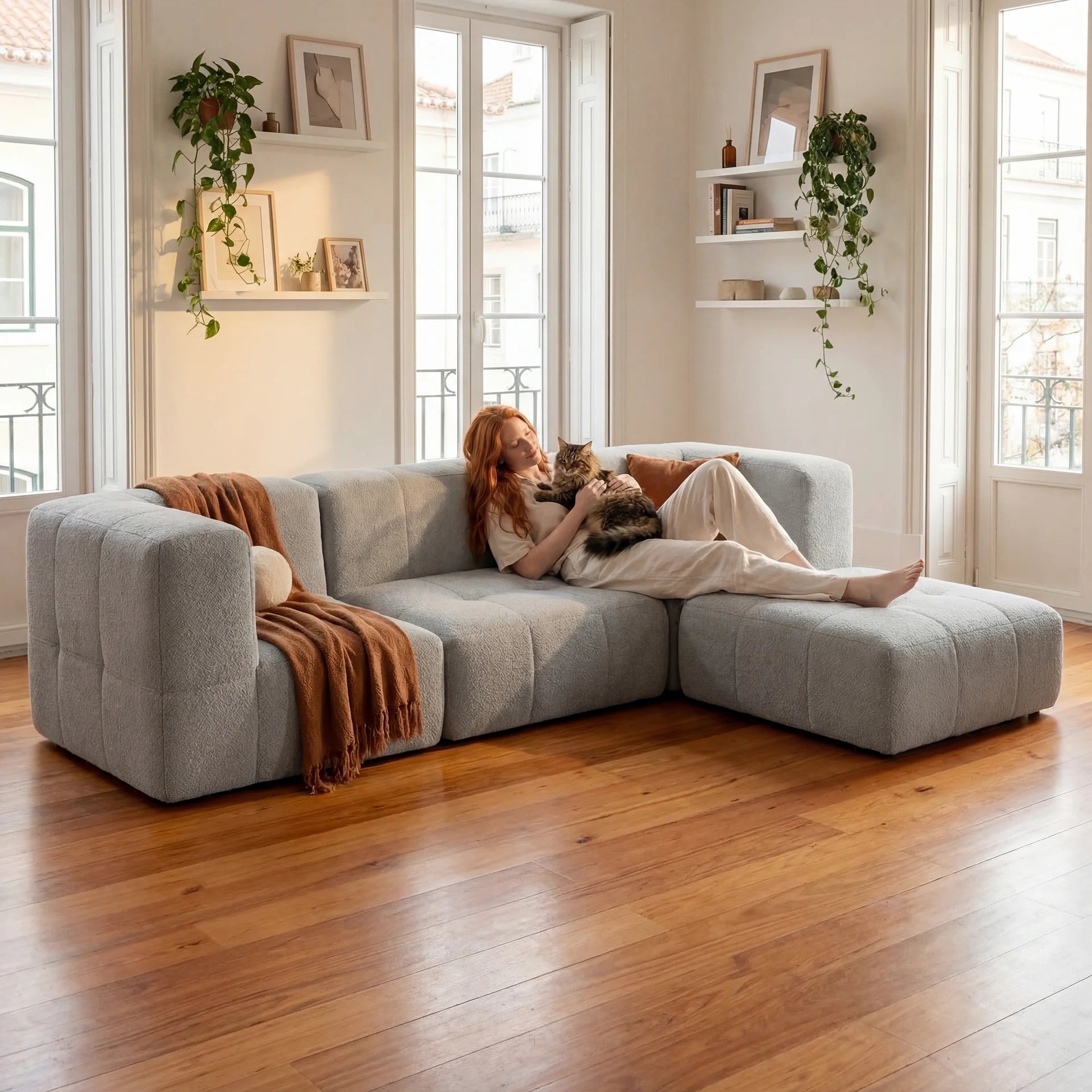 Sofá na Caixa modular 3 lugares em Boucle com Apoio de pé - Cinza