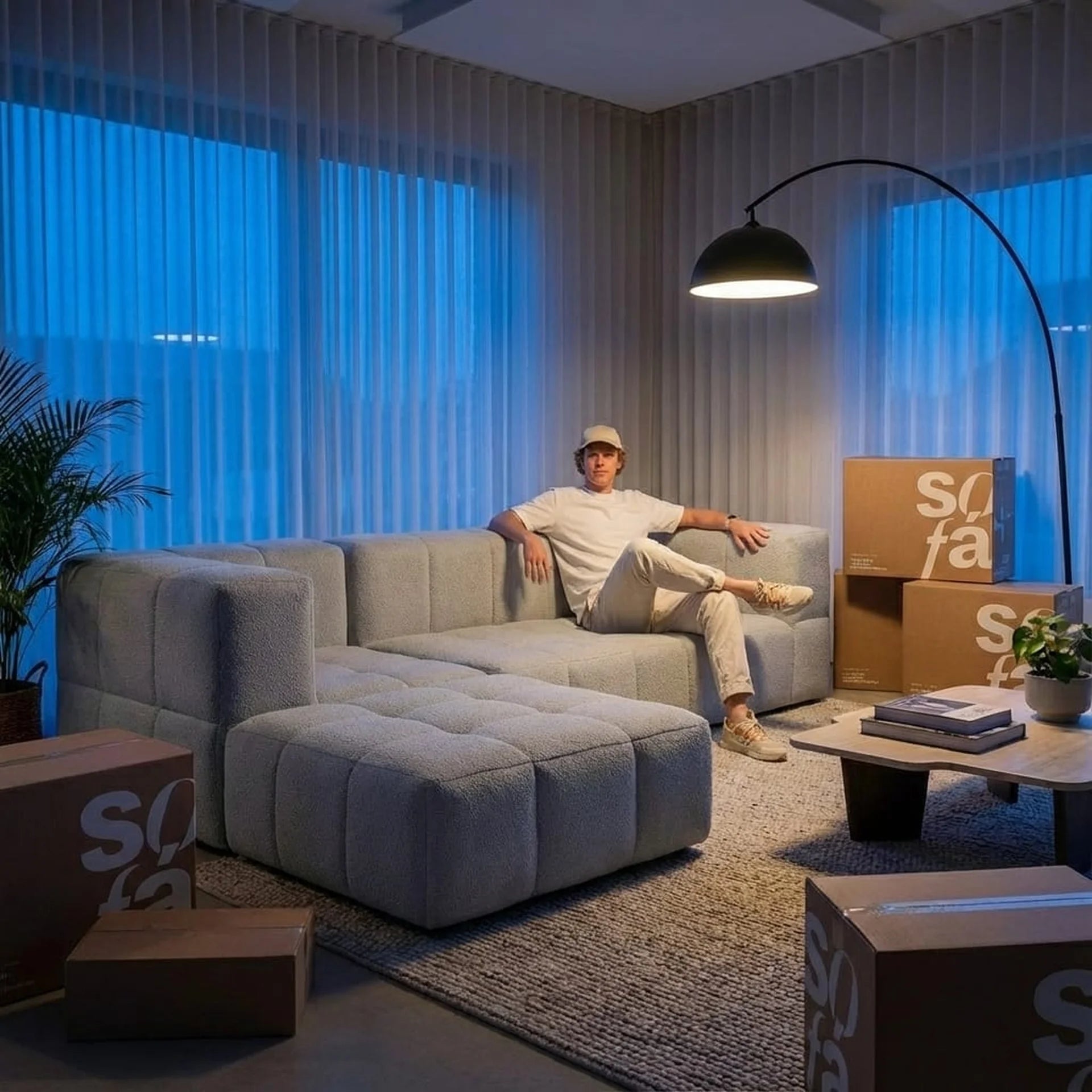 Sofá na Caixa modular 3 lugares em Boucle com Apoio de pé - Cinza