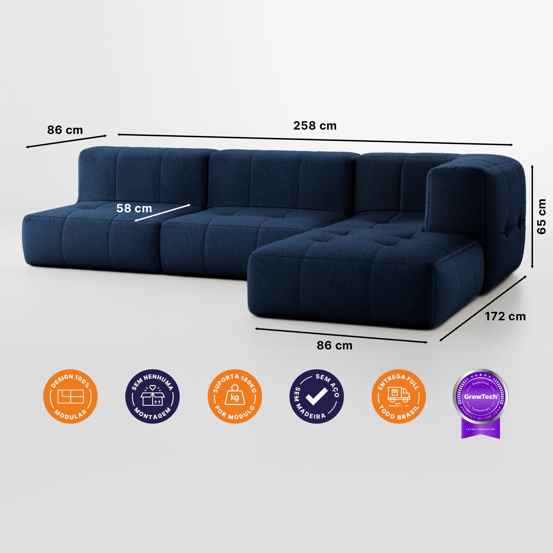 Sofá na Caixa modular 3 lugares em Boucle - 1 Braço com Chaise - Azul Grátis