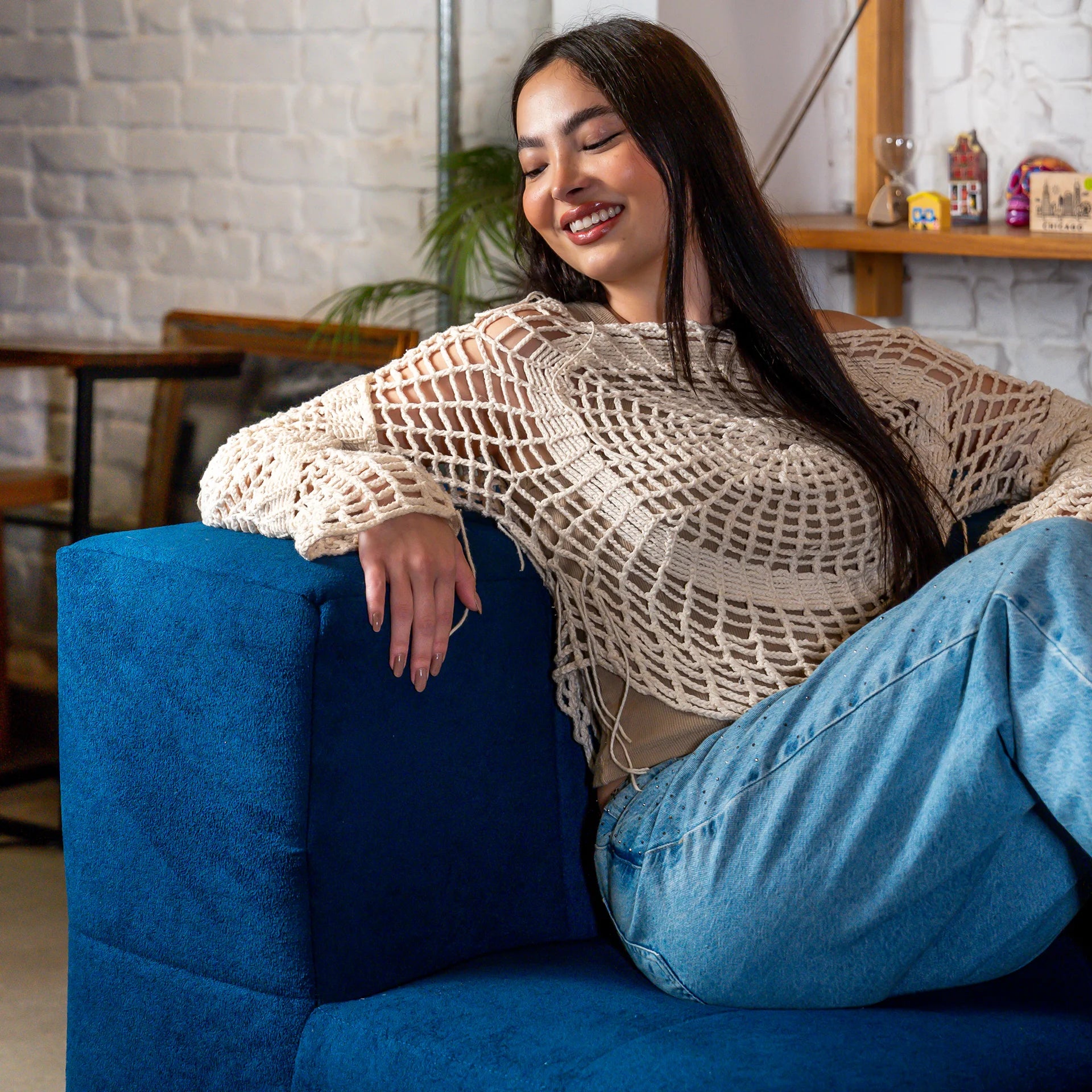 Sofá na Caixa modular 3 lugares em Boucle - 1 Braço com Chaise - Azul Grátis