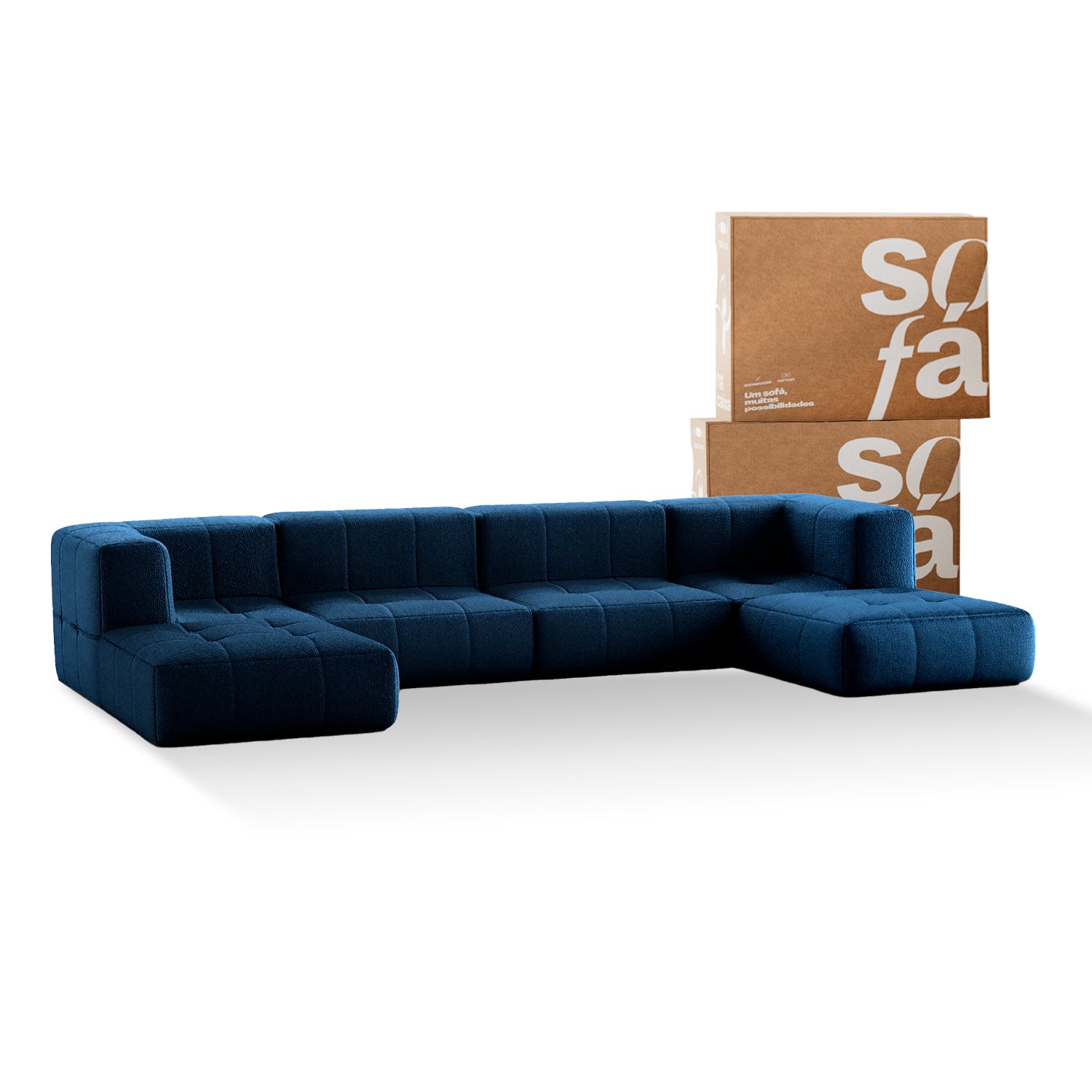 Sofá na Caixa modular 4 lugares em Boucle com 2 Chaise - Azul