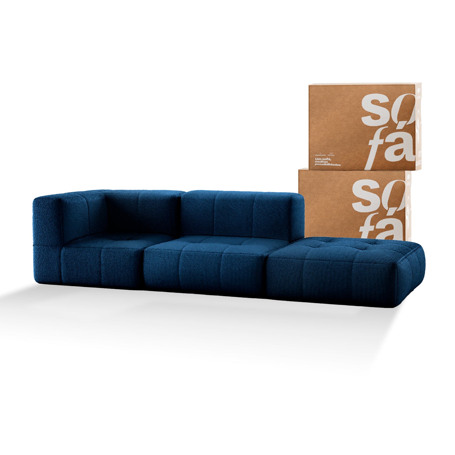 Sofá na Caixa modular 2 lugares em Boucle - 1 Braço com Apoio de pé Grátis - Azul