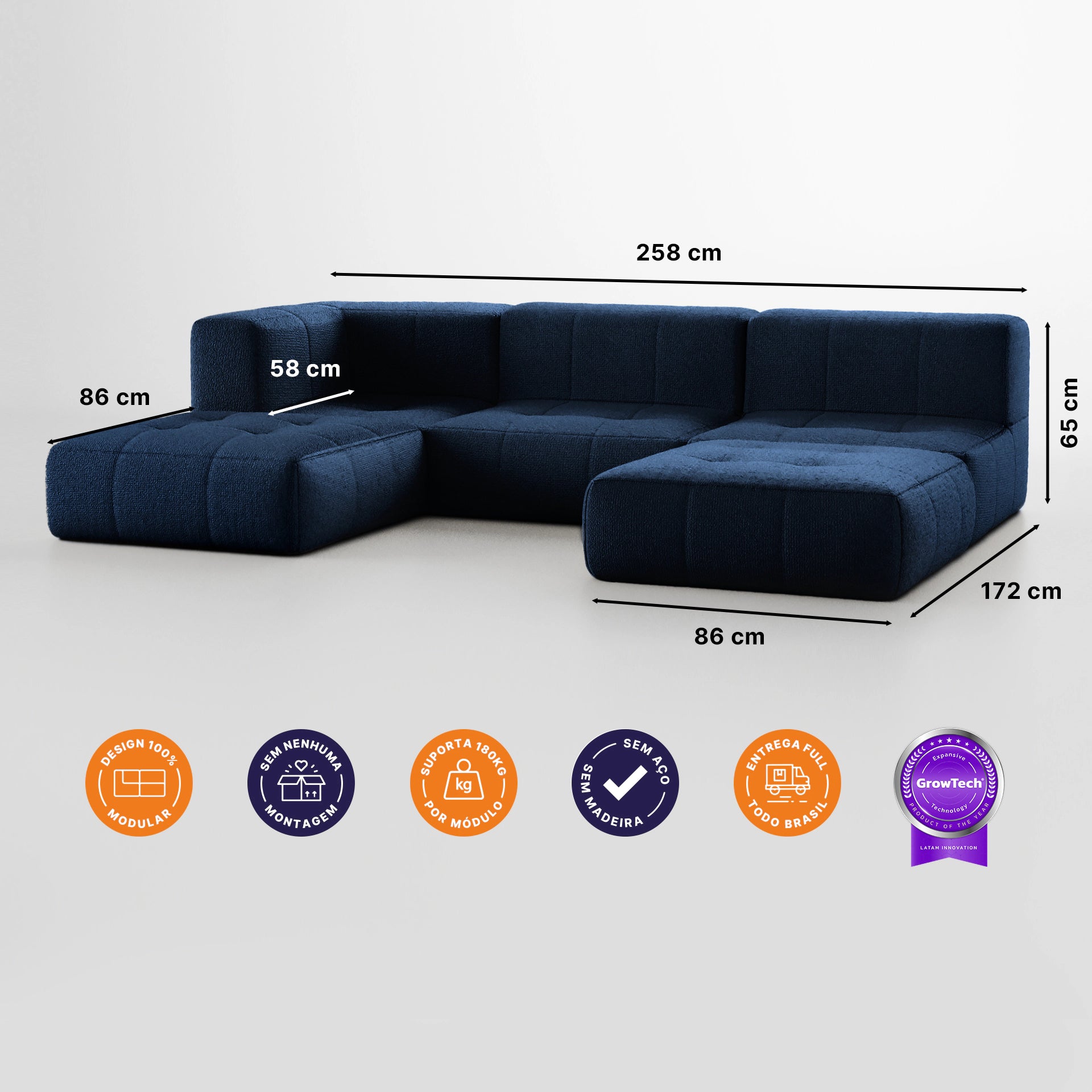 Sofá na Caixa modular 3 lugares em Boucle - 1 Braço com 2 Chaises - Azul