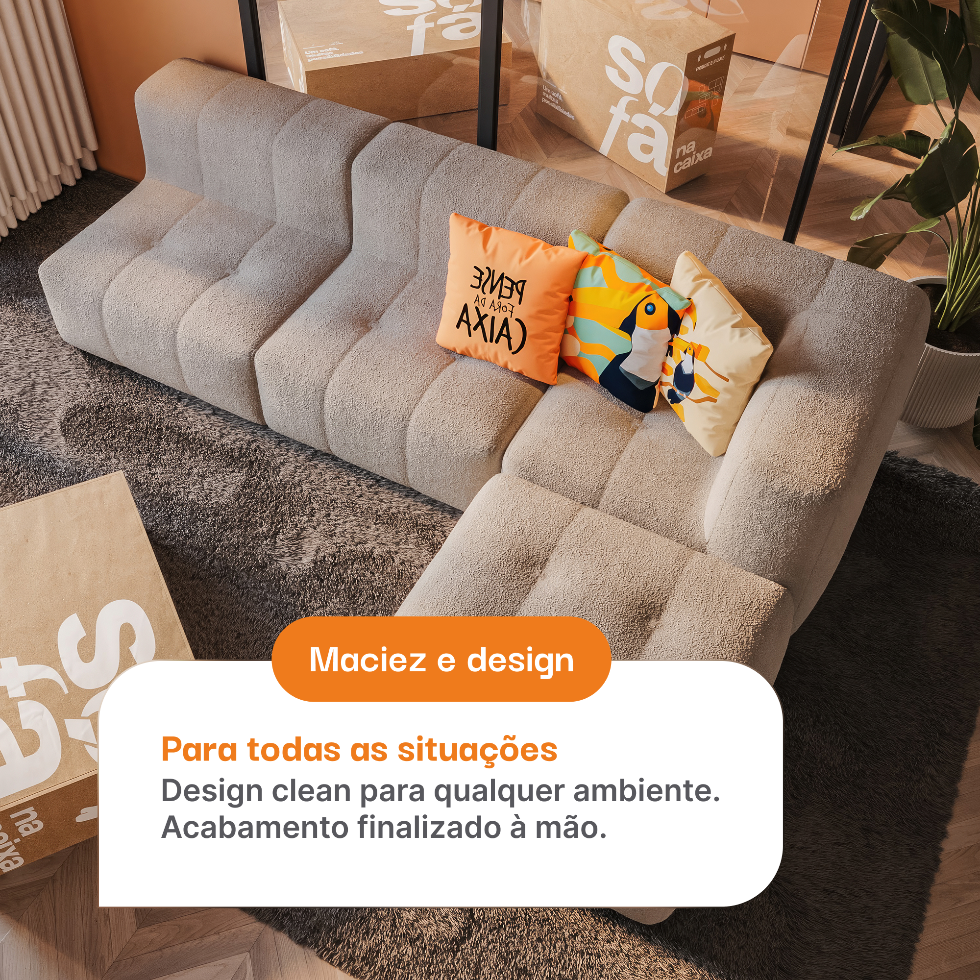 Sofá na Caixa modular 2 lugares em Boucle - 2 Cantos com Apoio de pé Grátis - Cinza