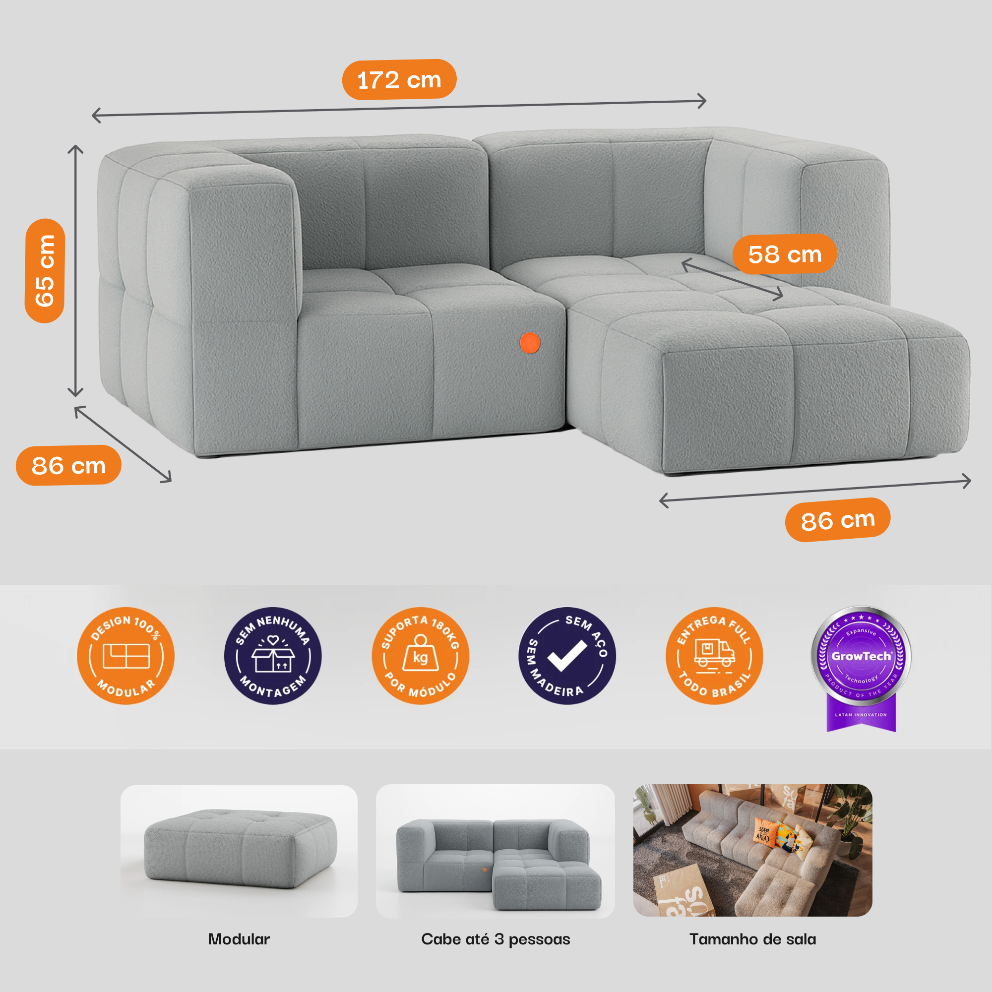 Sofá na Caixa modular 2 lugares em Boucle 2 Cantos com Apoio de pé Grátis - Brinde Almofada Reclame Aqui - Cinza · vista 5