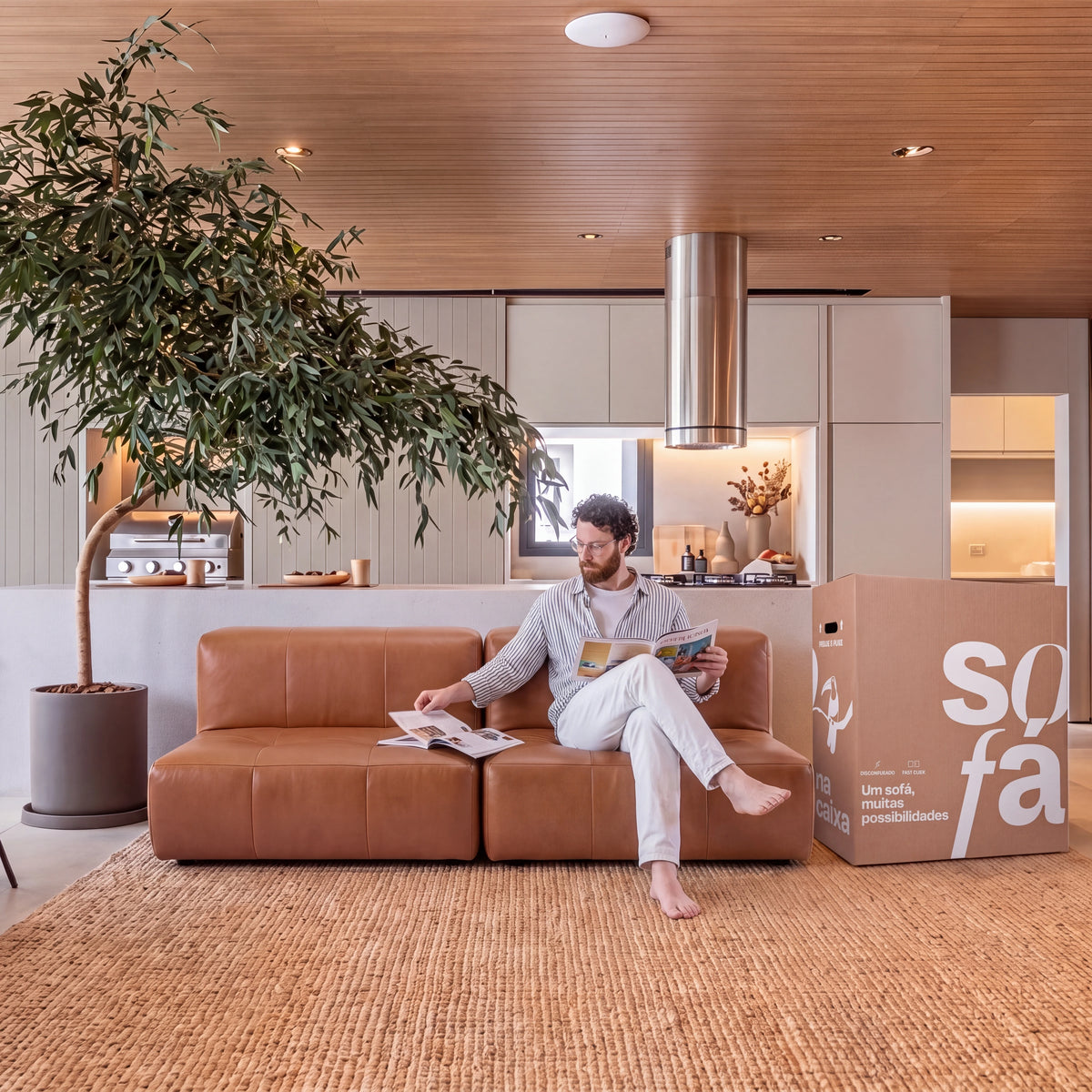 Sofá na Caixa modular 2 lugares Poli-Couro Marrom - Sem braço