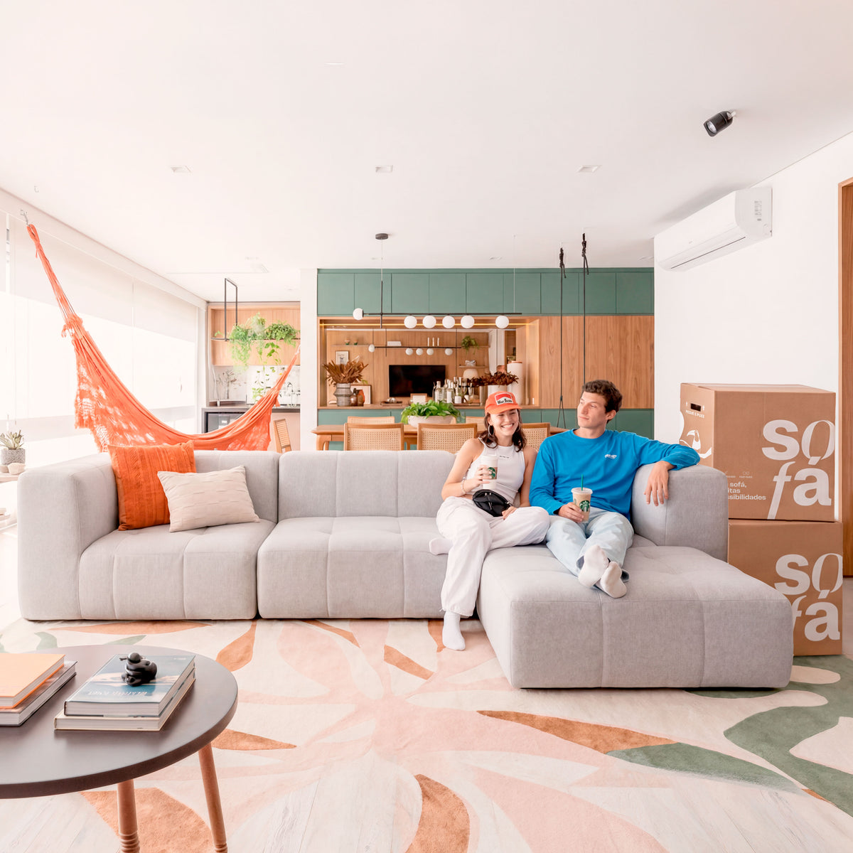 Sofá na Caixa modular 3 lugares em Boucle com Apoio de pé - Cinza
