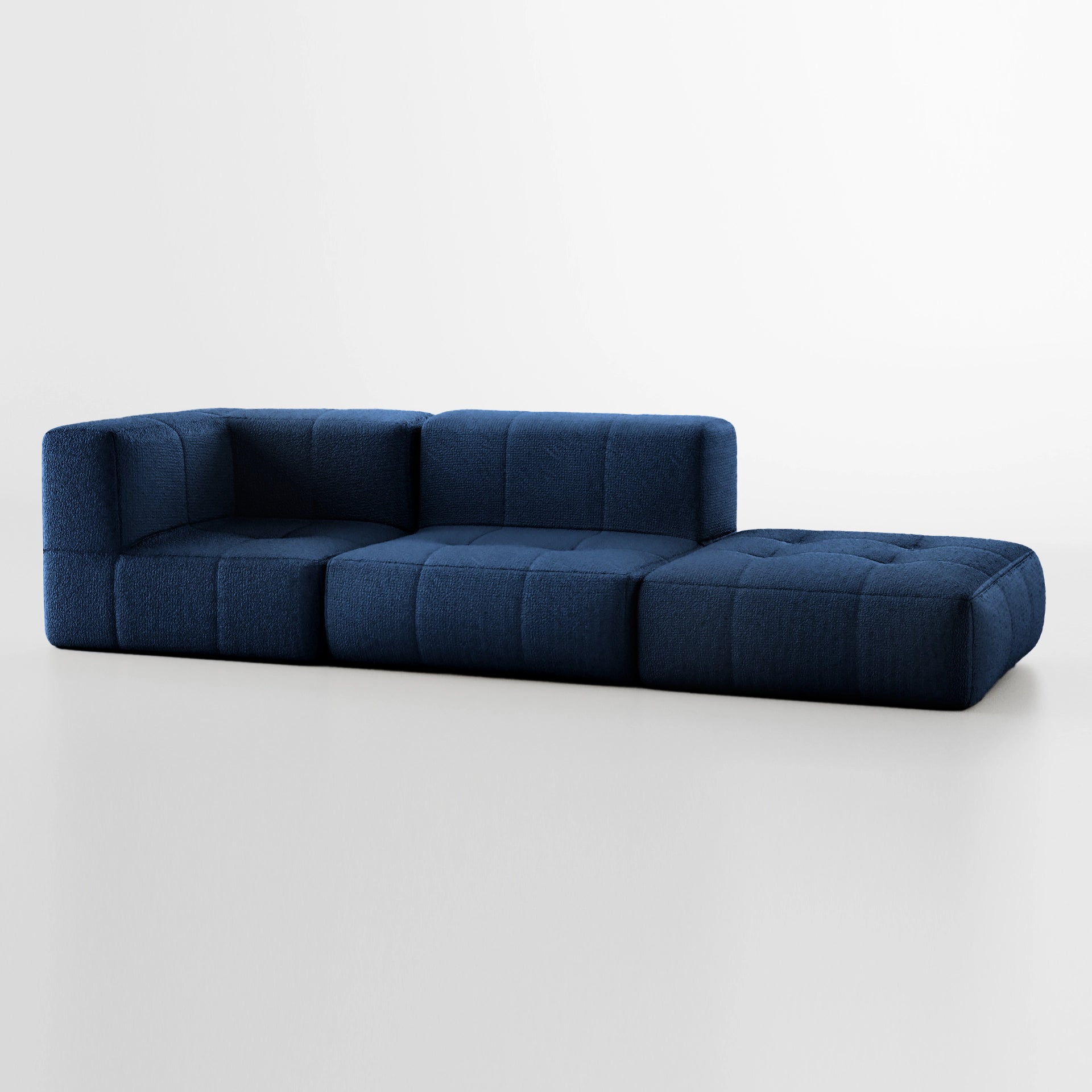 Sofá na Caixa modular 2 lugares em Boucle - 1 Braço com Apoio de pé Grátis - Azul