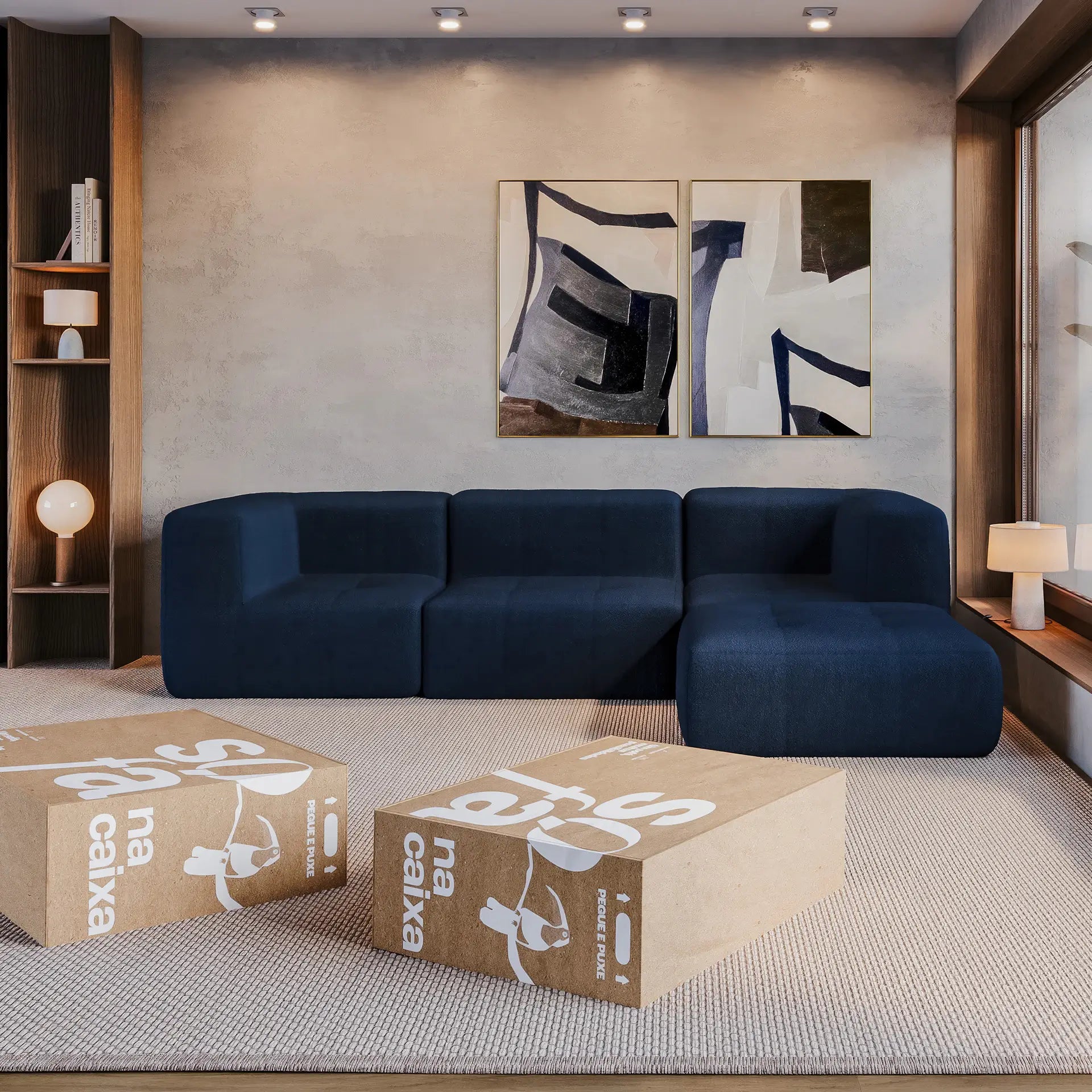 Sofá na Caixa modular 3 lugares em Boucle com Apoio de pé Grátis - Azul