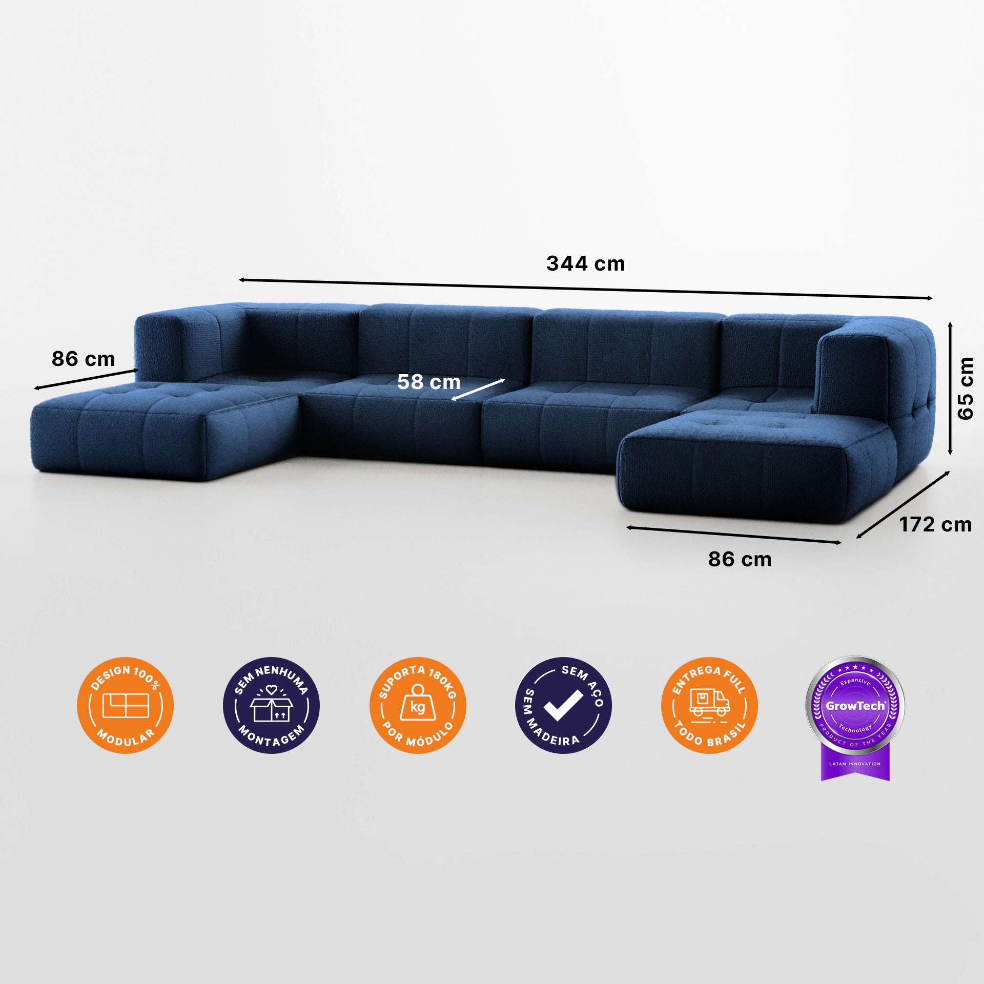 Sofá na Caixa modular 4 lugares em Boucle com 2 Chaise - Azul