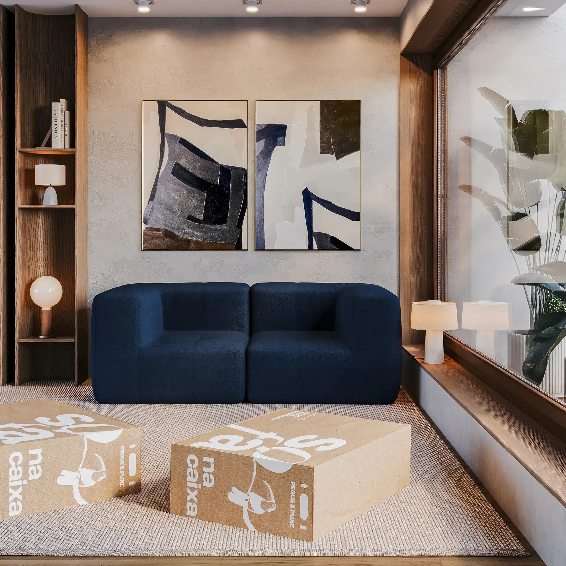 Sofá na Caixa modular 2 lugares em Boucle - Azul