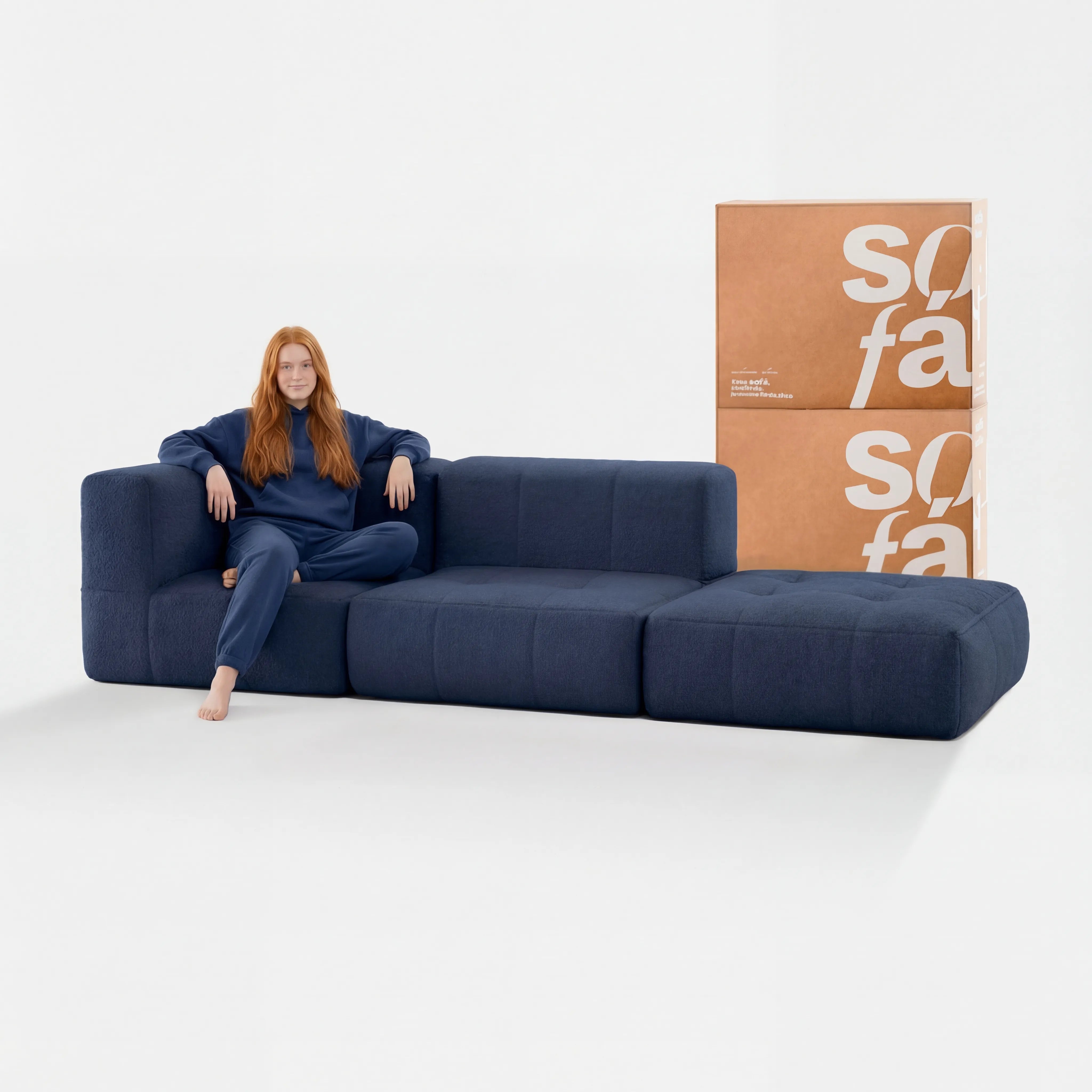 Sofá na Caixa modular 2 lugares em Boucle - 1 Braço com Apoio de pé - Azul