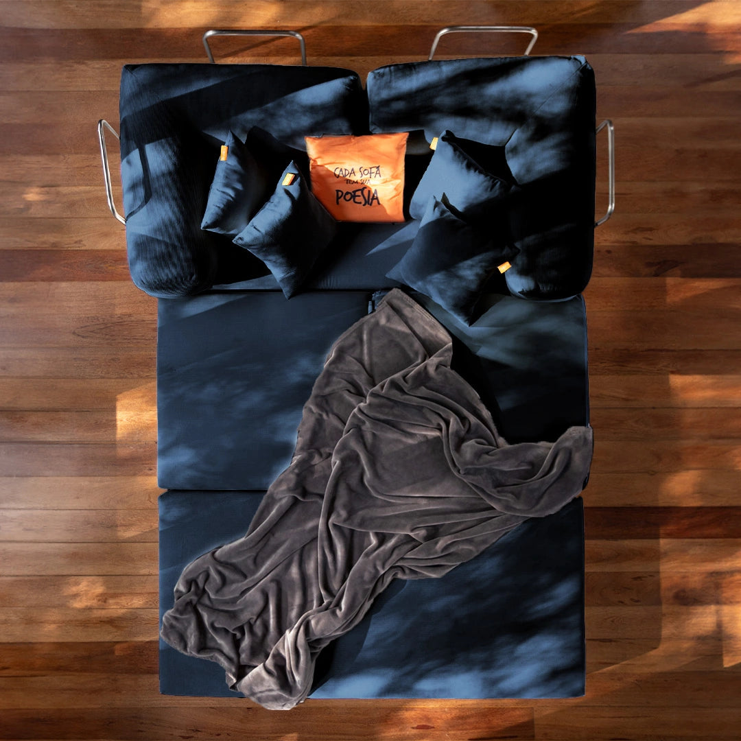 Sofá Cama Bloom - Sofá na Caixa + Apoio de Pé Bloom Tecido Boucle Azul