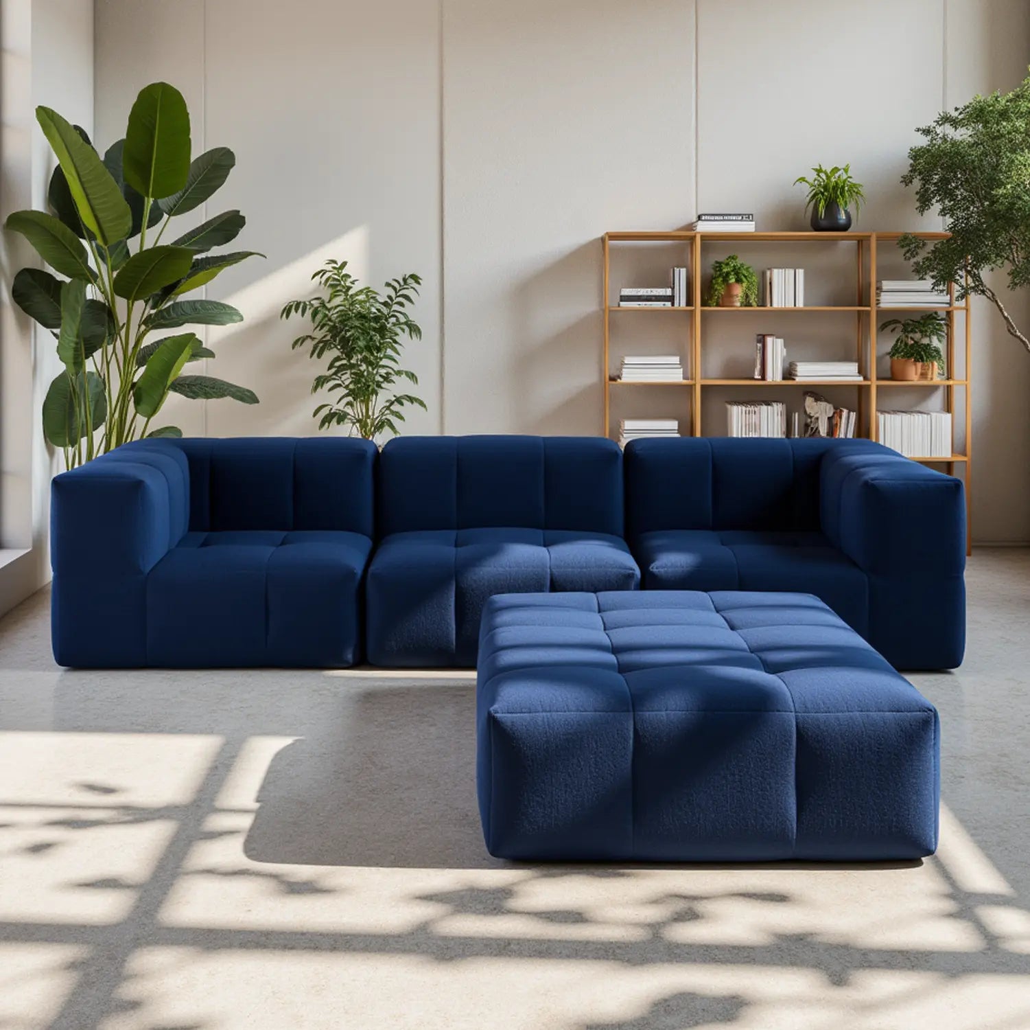 Sofá na Caixa modular 3 lugares em Boucle - 1 Braço com 2 Chaises - Azul