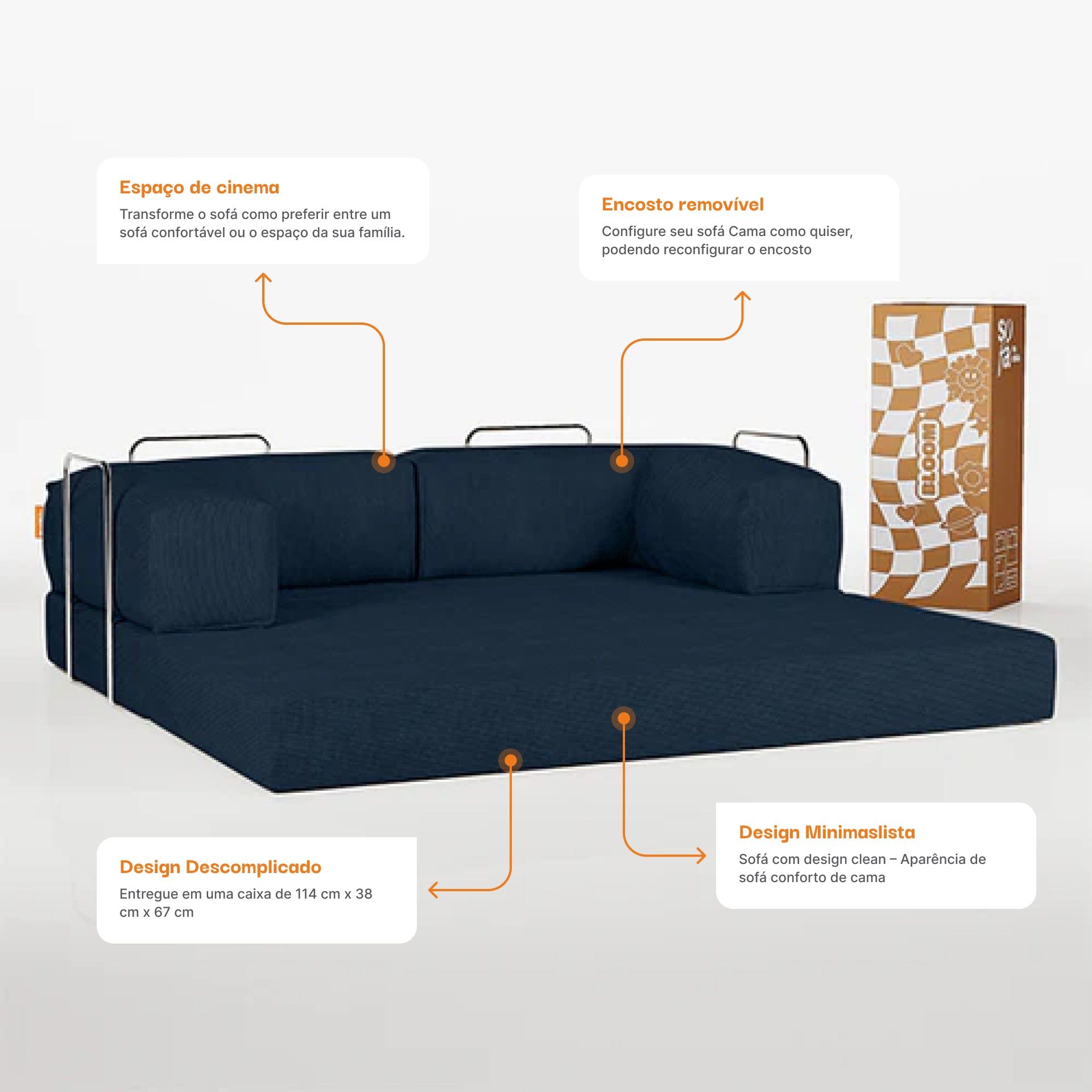 Sofá Cama Bloom Tecido Boucle Azul Marinho - Sofá na Caixa