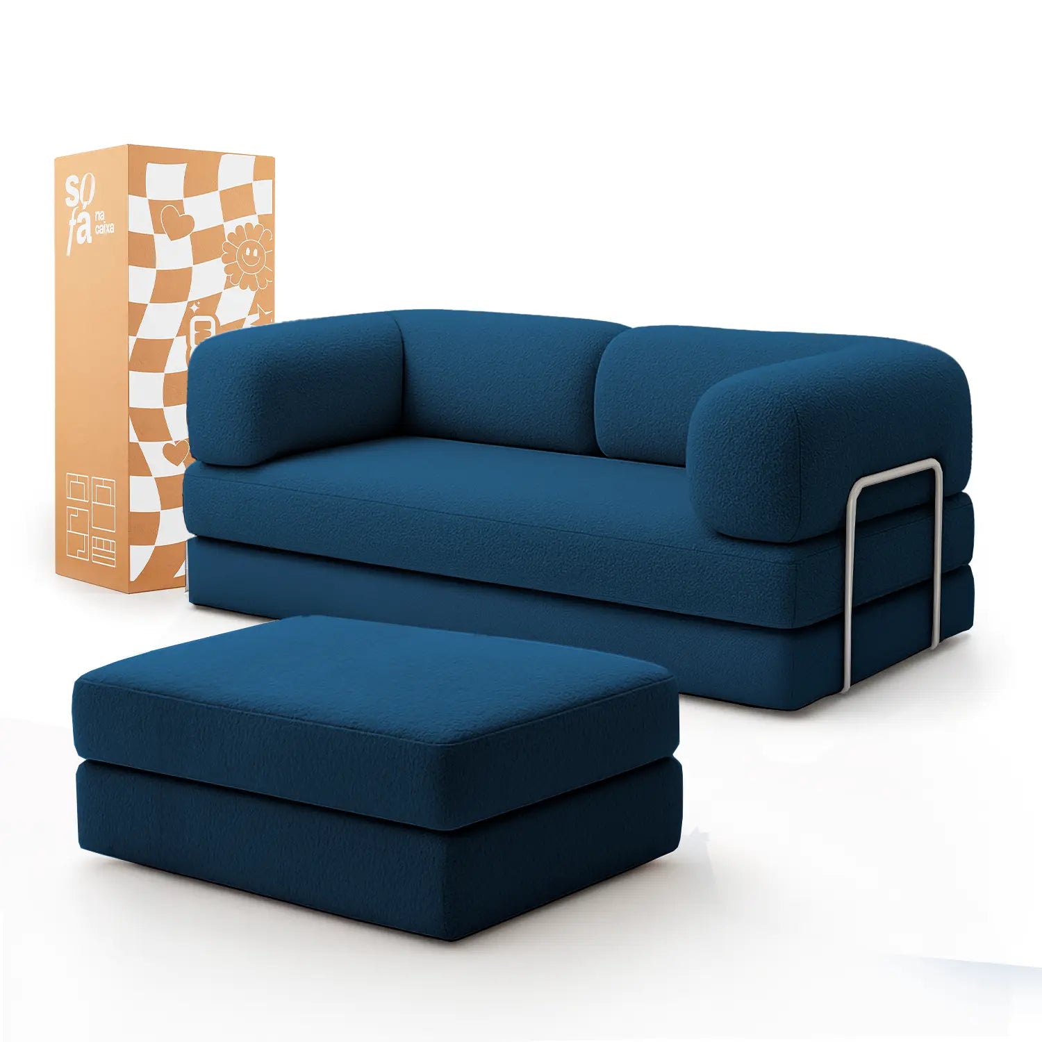 Sofá Cama Bloom - Sofá na Caixa + Apoio de Pé Bloom Tecido Boucle Azul