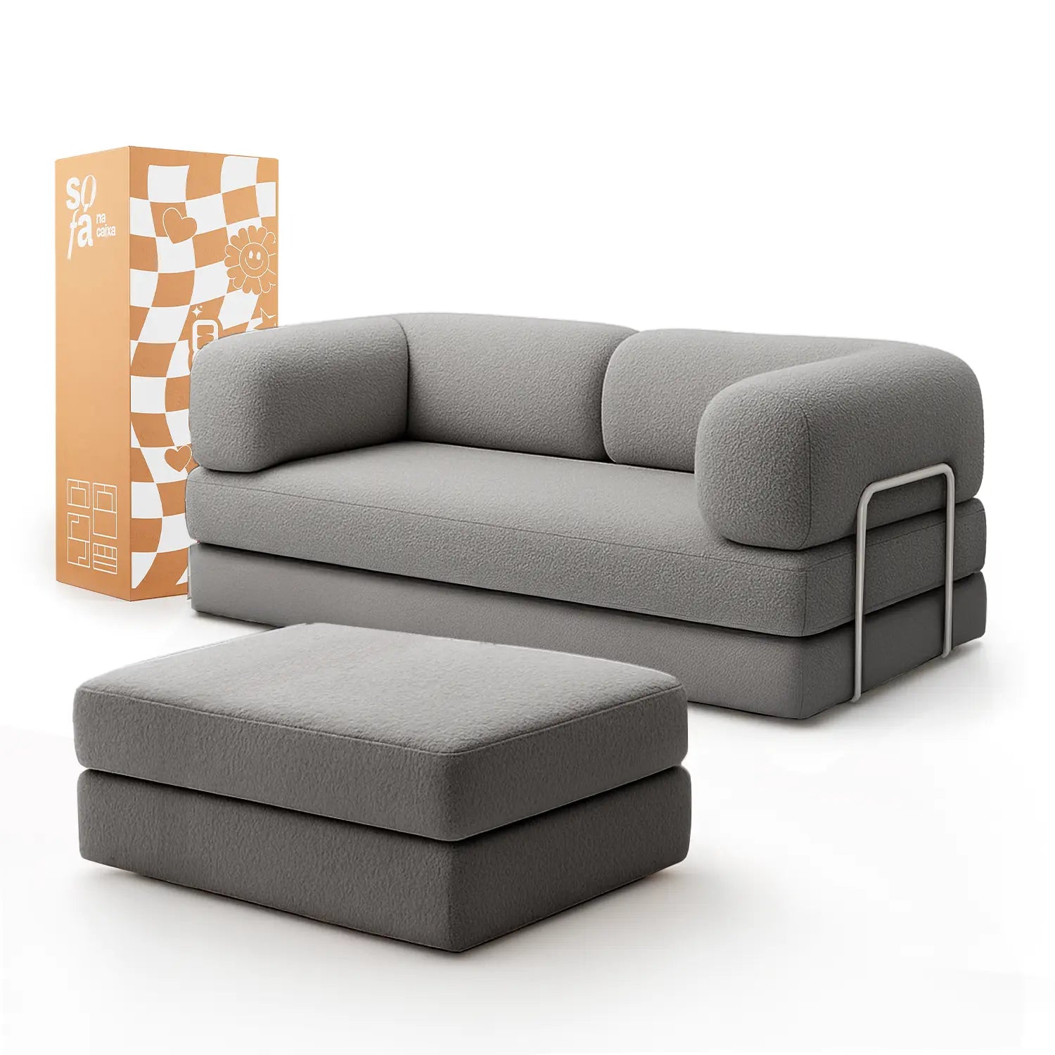 Sofá Cama Bloom - Sofá na Caixa + Apoio de Pé Bloom Tecido Boucle Cinza