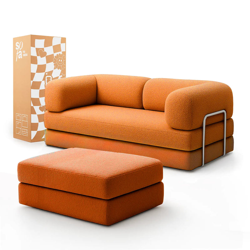 Sofá Cama Bloom - Sofá na Caixa + Apoio de Pé Bloom Tecido Boucle Laranja