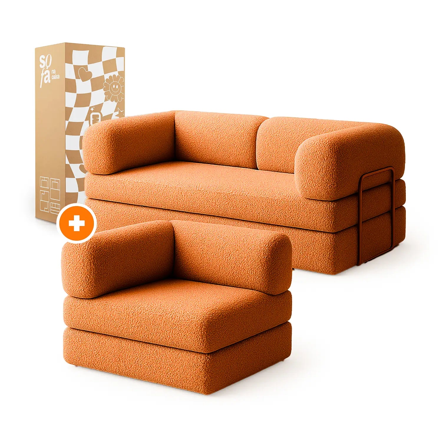 Sofá Cama Bloom - Sofá na Caixa + Poltrona Bloom Tecido Boucle Laranja
