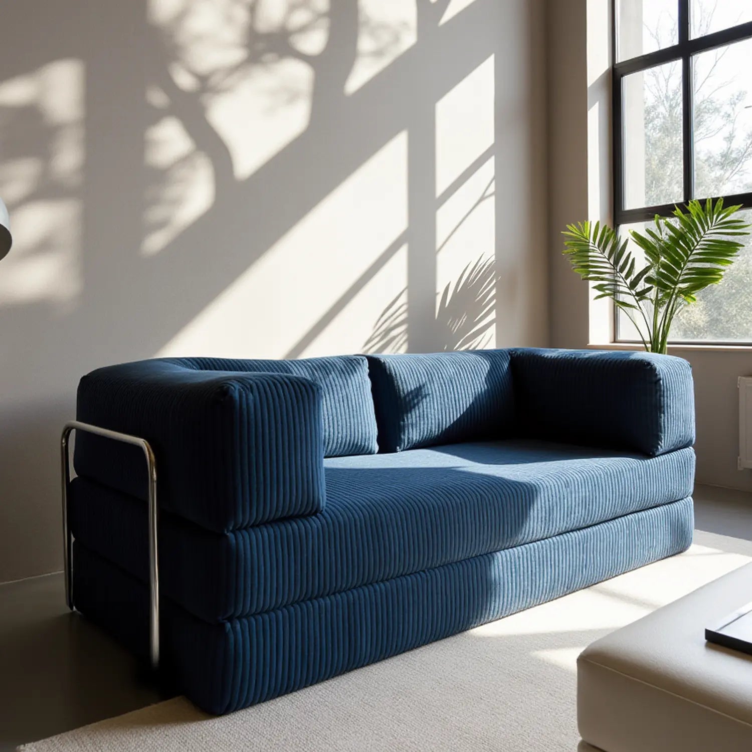 Sofá Cama Bloom - Sofá na Caixa + Apoio de Pé Bloom Tecido Boucle Azul