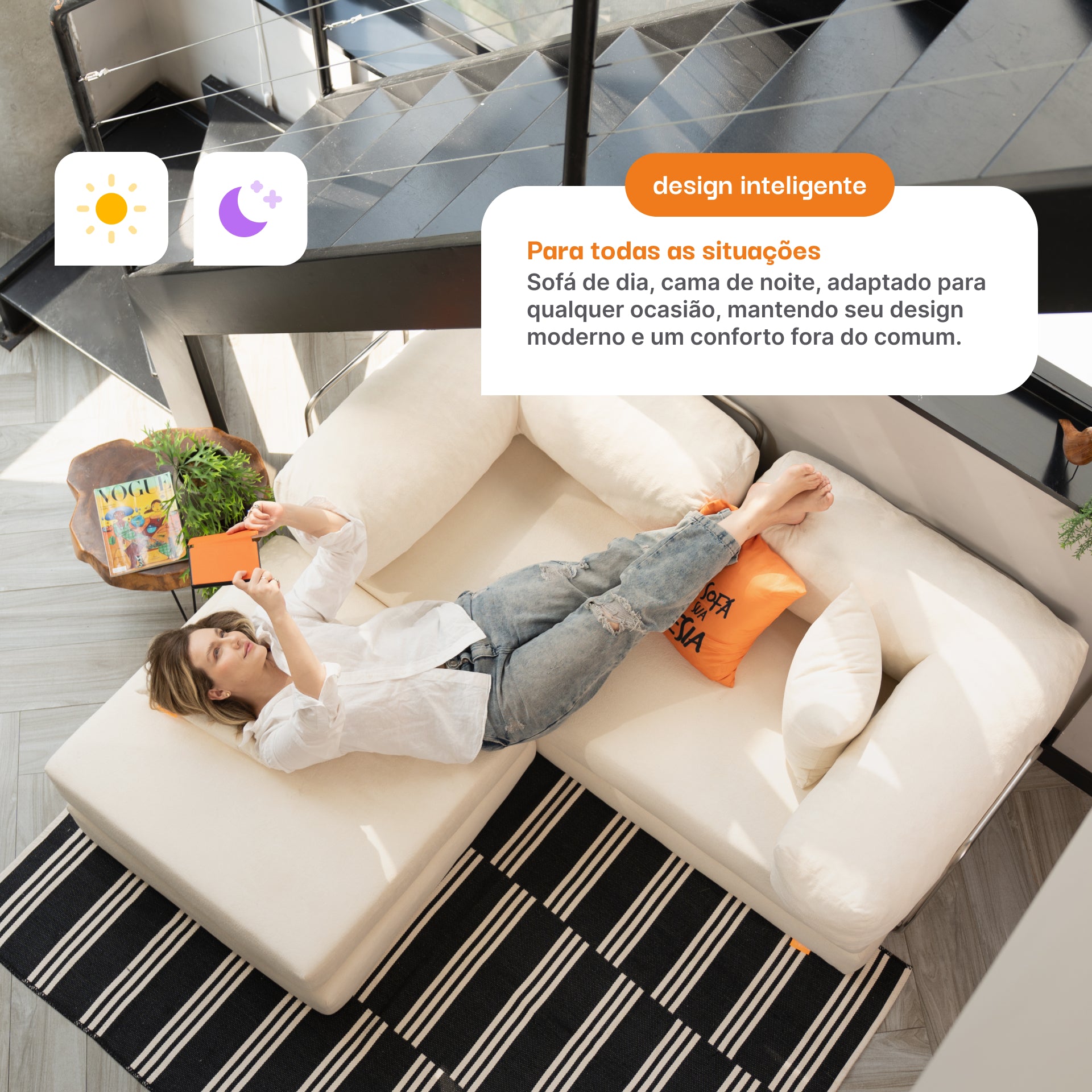 Sofá Cama Bloom Tecido Boucle Laranja - Sofá na Caixa + Apoio de Pé