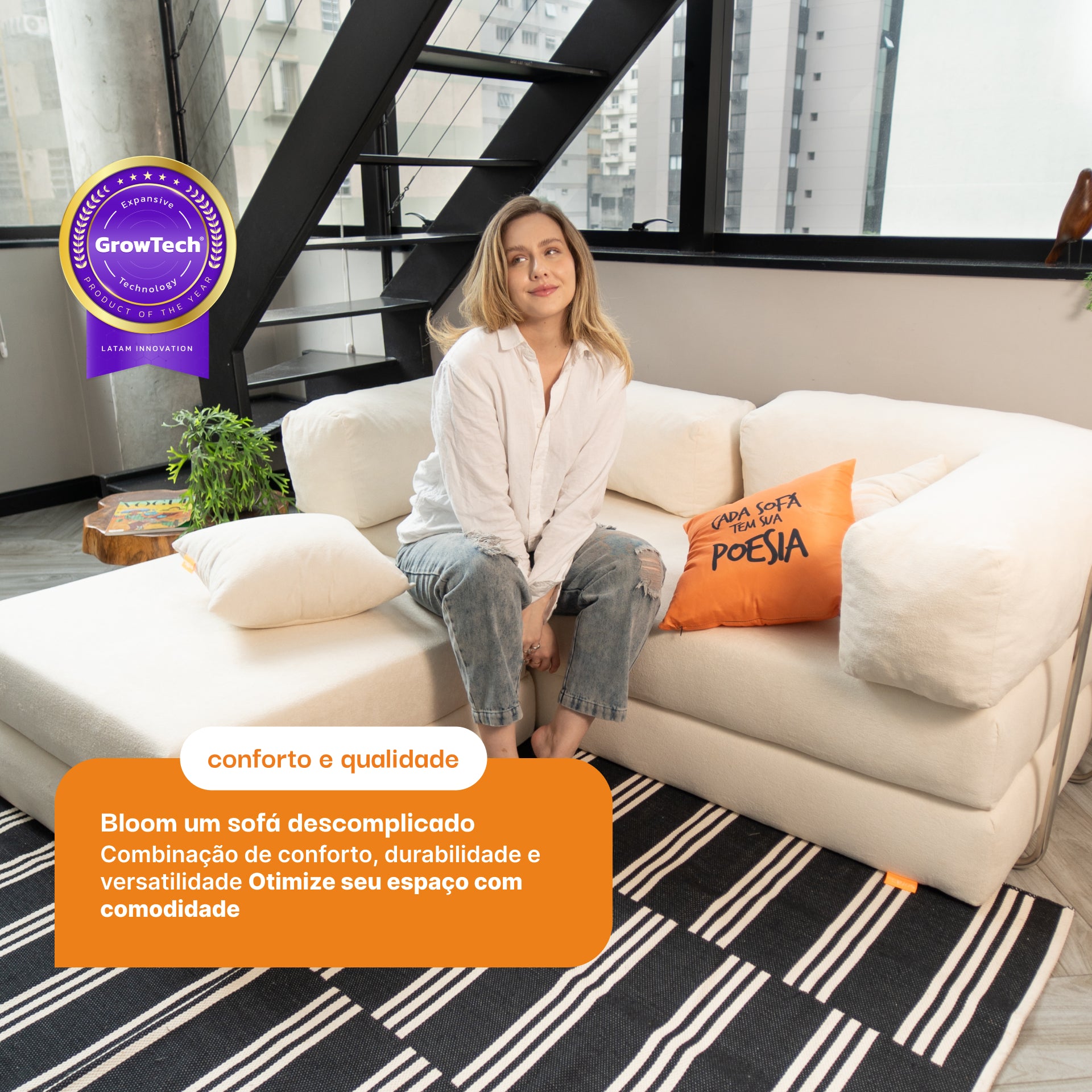 Sofá Cama Bloom Tecido Boucle Laranja - Sofá na Caixa + Apoio de Pé