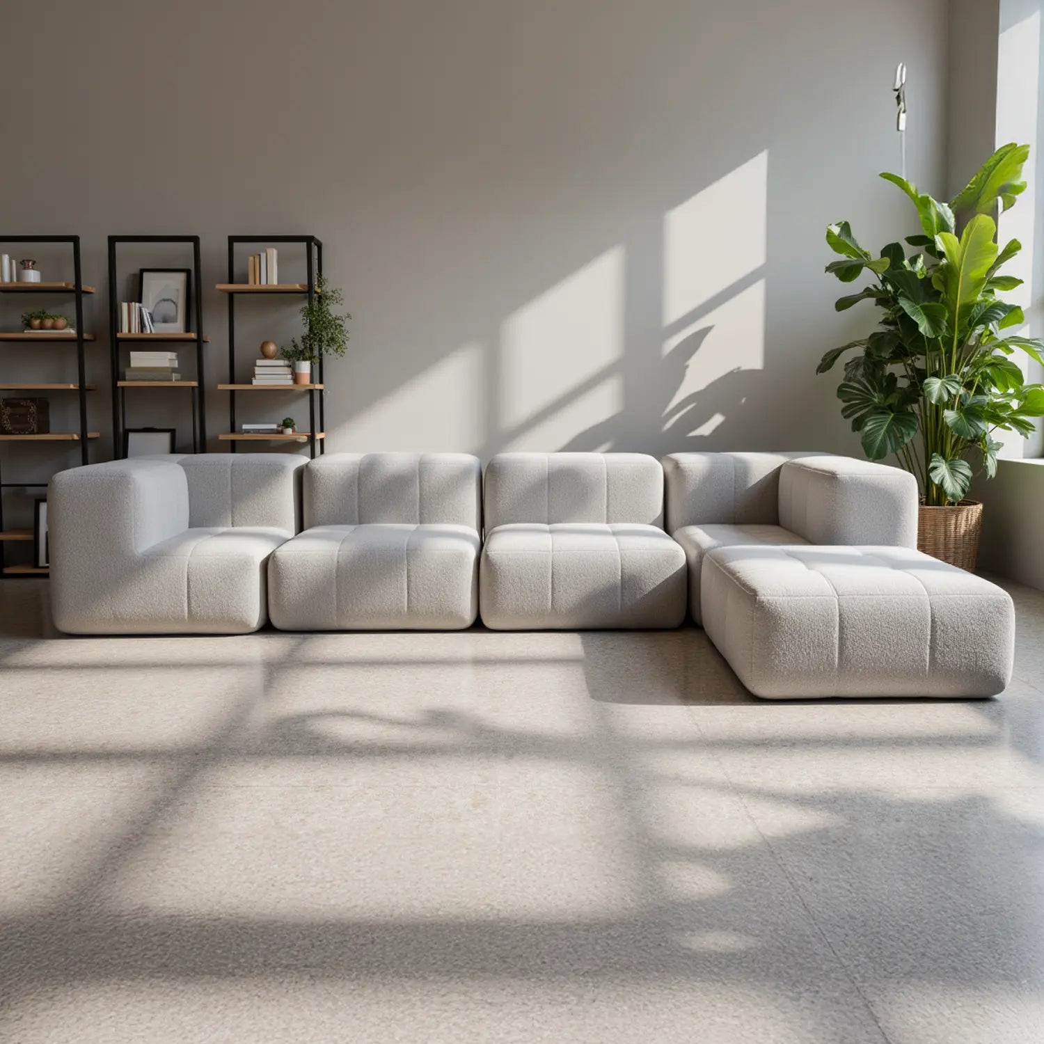 Sofá na Caixa modular 3 lugares em Boucle sem braço com chaise - Cinza